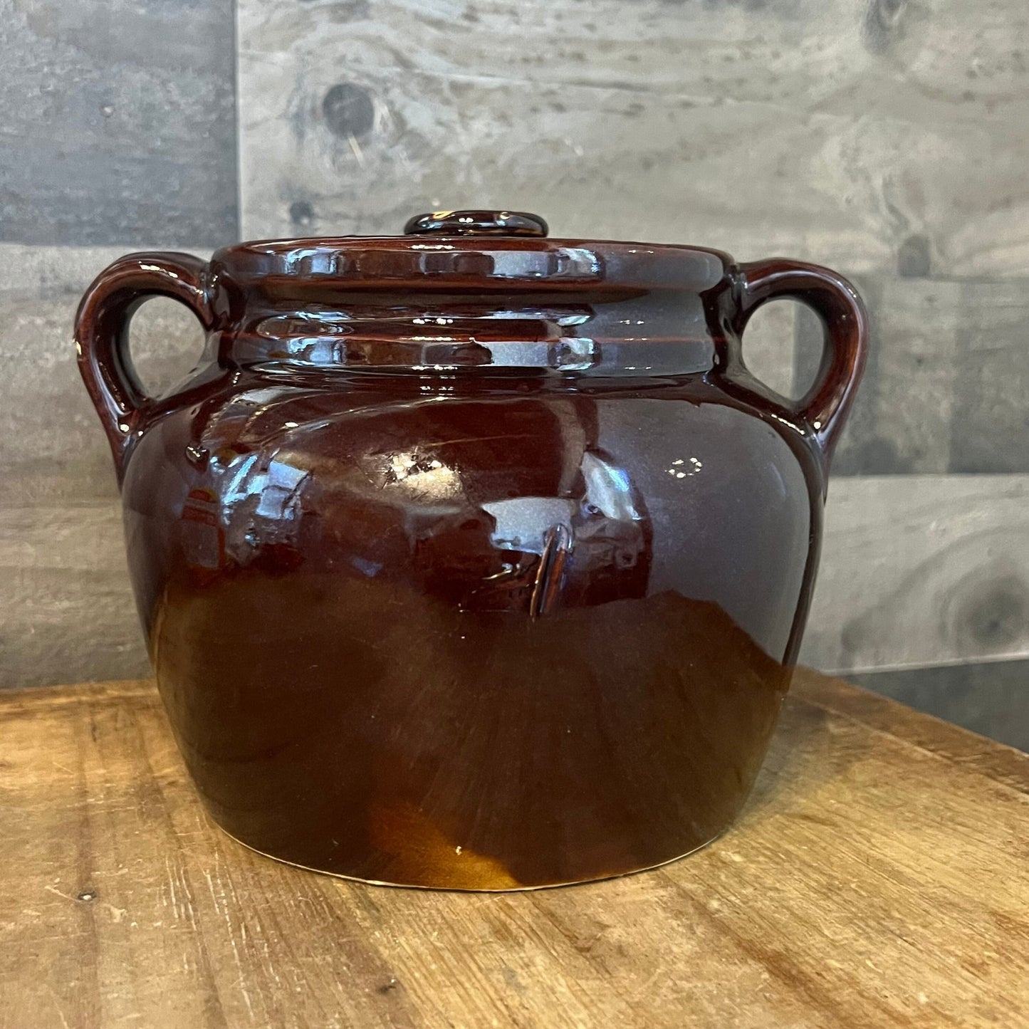 Vintage Brown Glaze USA Pottery Double Handle Lidded Crock - Bean Pot - Cookie Jar