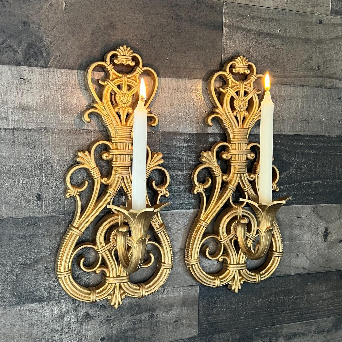 Vintage Pair of Gold Tone Dart Industries Candlestick Holder Wall Sconces