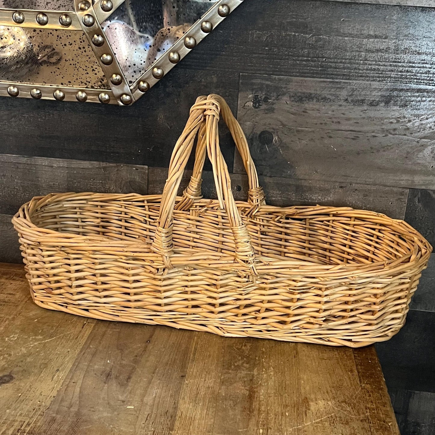 Woven Wicker Rattan Long Handled Basket - Flower Trug - Bread Basket