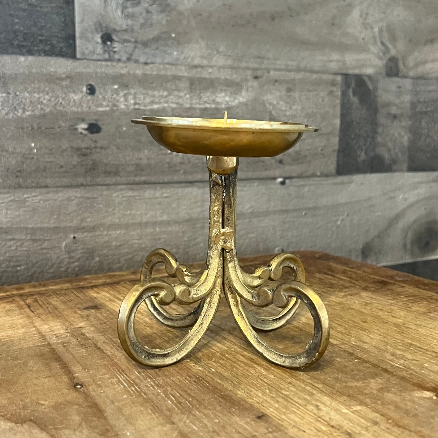 Vintage Brass Scroll Foot Pillar Candle Holder