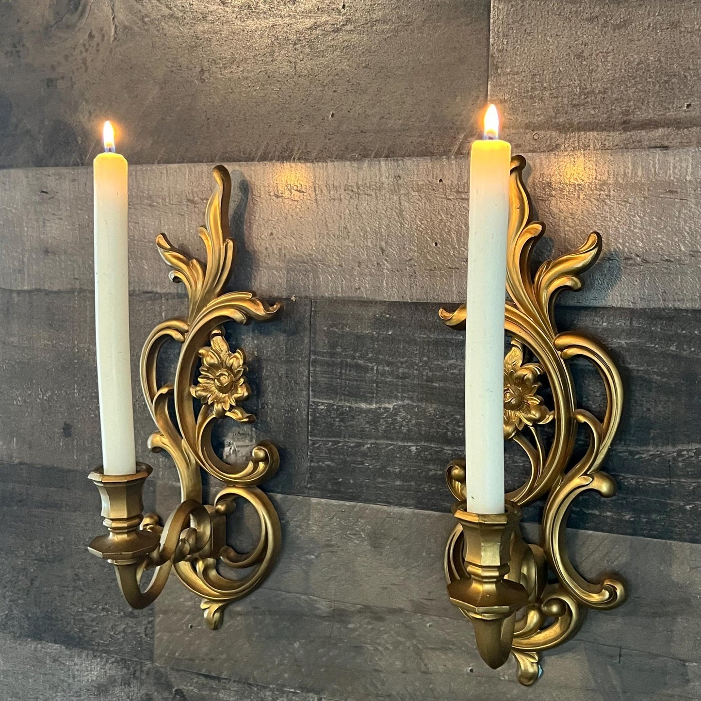Vintage Syroco Floral Gold Tone Candlestick Holders Wall Sconces - Pair