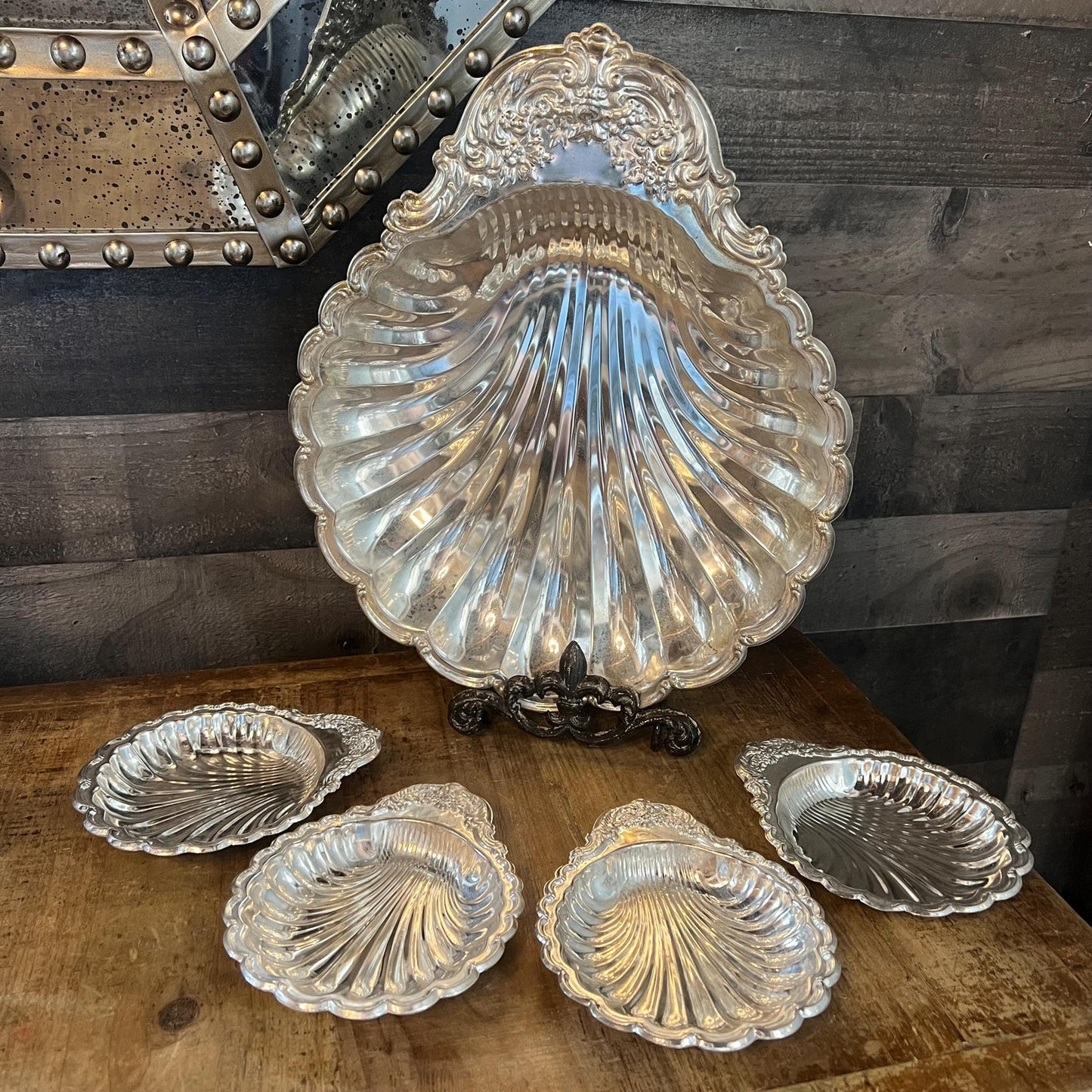 Vintage Silverplated Scallop Rim Seashell Bowl Set - Large Shell Bowl and 4 Small Shell Bowls