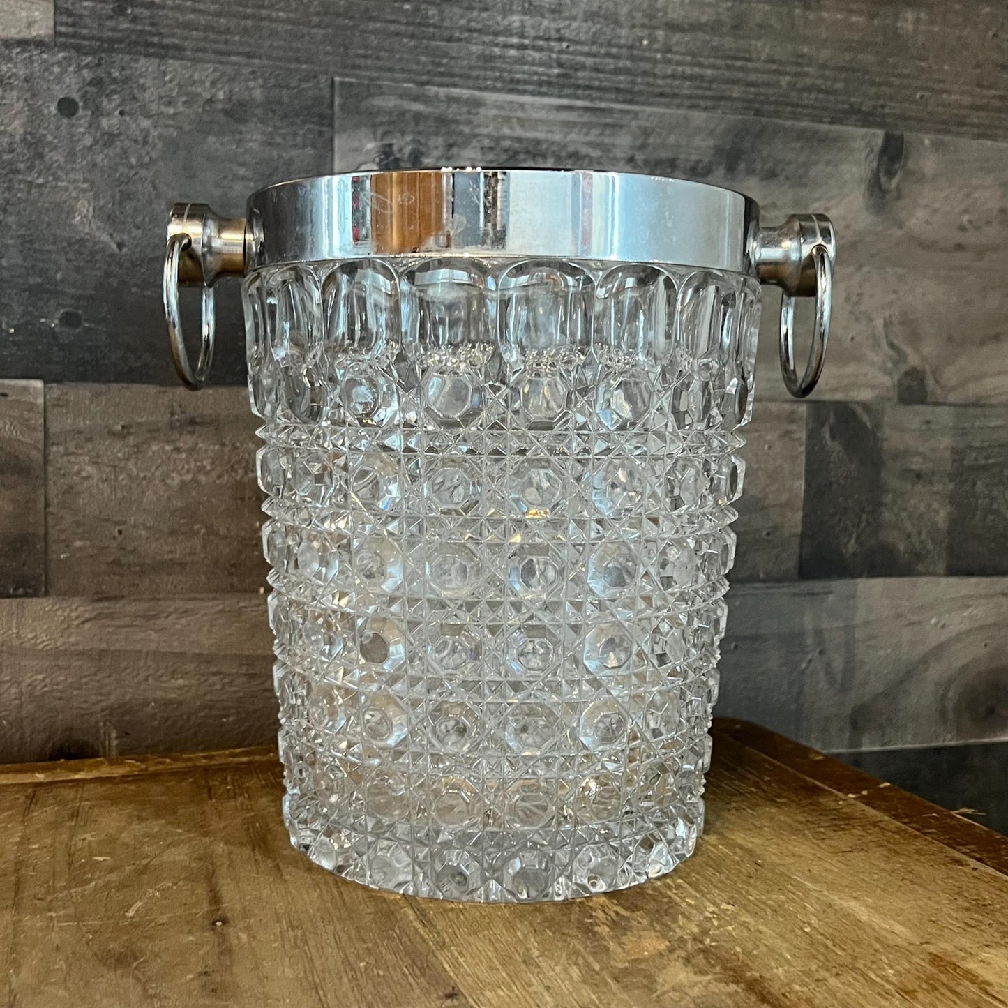 Vintage Crystal Glass Ice Bucket with Silver Tone Rim and Handles - Champagne Cooler - Bottle Chiller