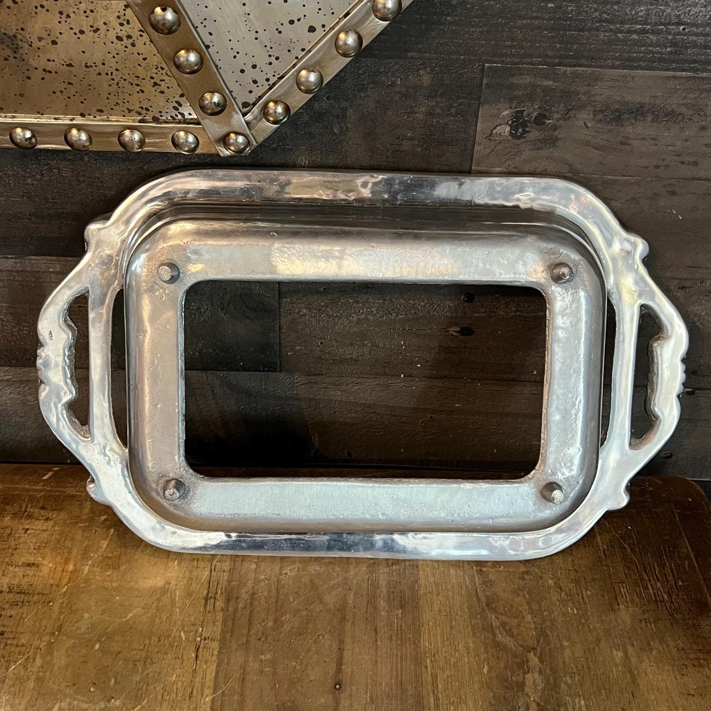 Vintage Ornate Pewter Tone Handled Rectangular Casserole Dish Holder