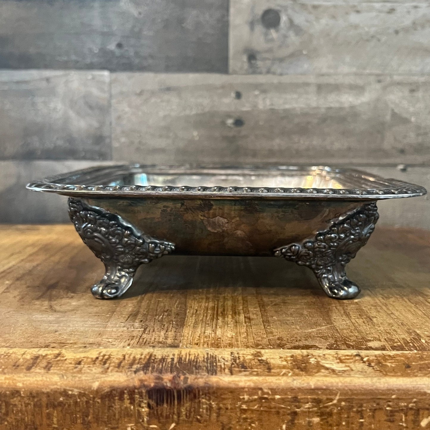 Vintage Bernard Rices Sons Apollo EPC Copper Mounts 8132 Footed Rectangular Braided Rim Silverplated Dish