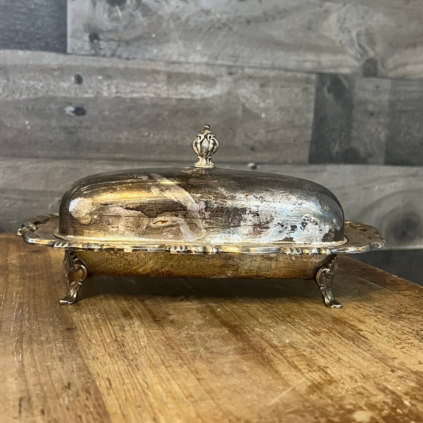 Vintage WM A Rogers Footed Silverplated Rectangular Lidded Butter Stick Holder with Glass Insert