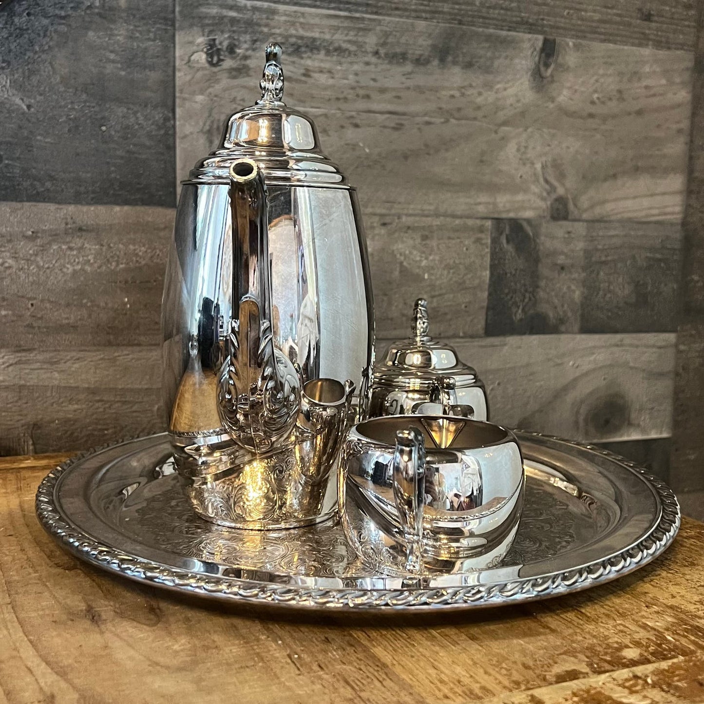 Vintage WM Rogers Silverplated Tea Set - Round Serving Tray, Teapot, Creamer Pour and Sugar Dish