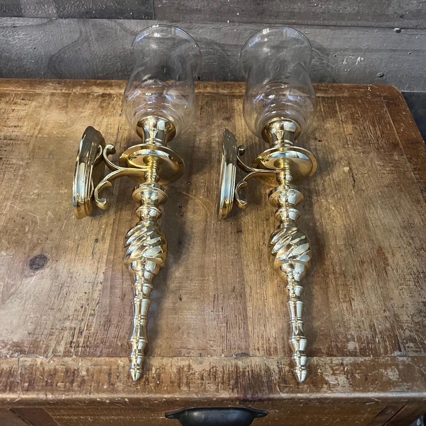 Vintage Pair of Brass Candlestick Holder Wall Sconces with Floral Etched Glass Hurricane Votives