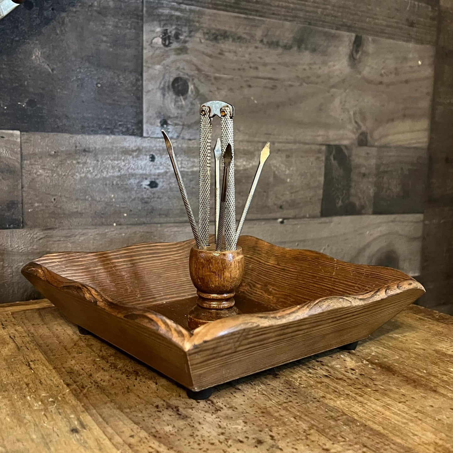 Vintage Wooden Nut Bowl with Nut Cracker and Nut Picks