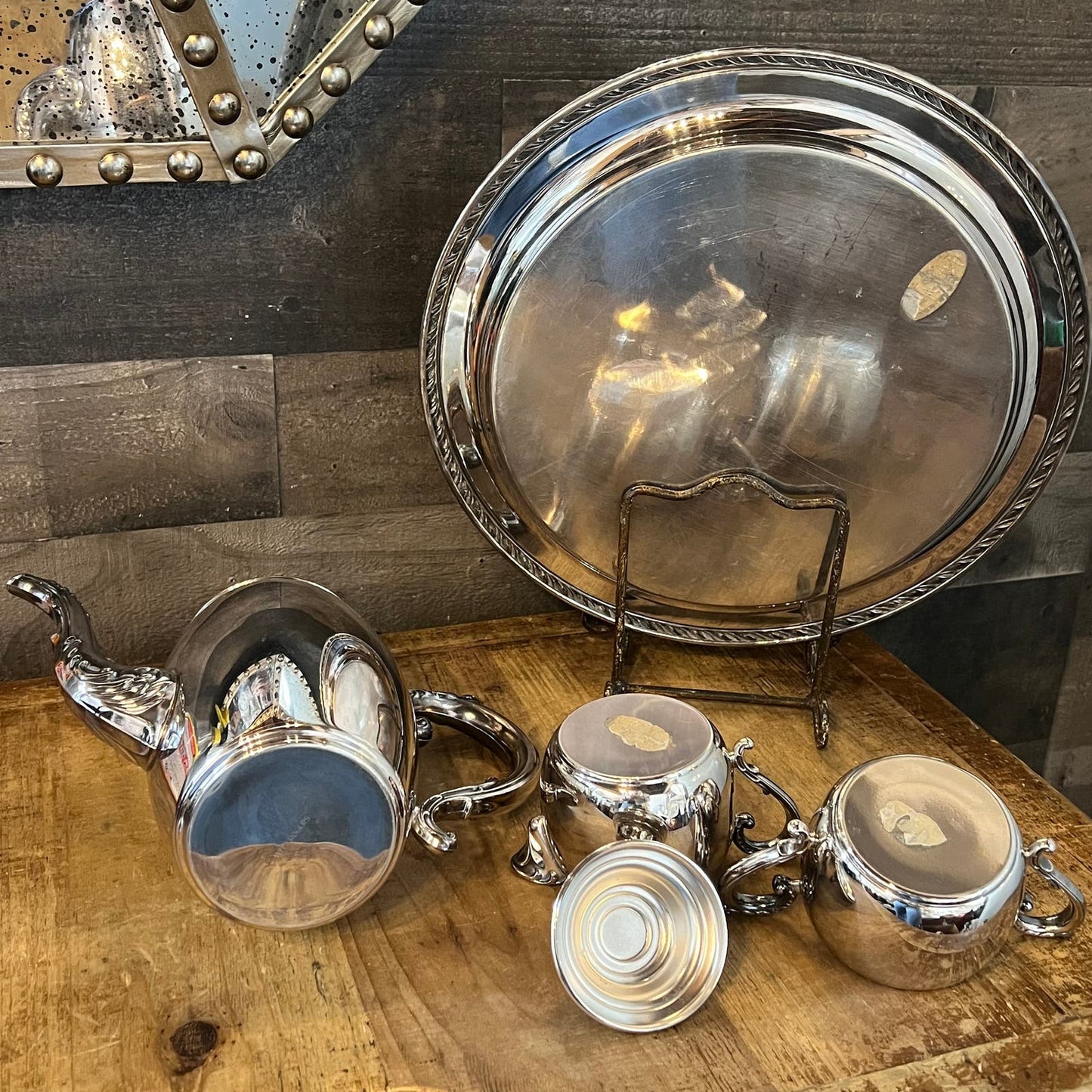 Vintage WM Rogers Silverplated Tea Set - Round Serving Tray, Teapot, Creamer Pour and Sugar Dish