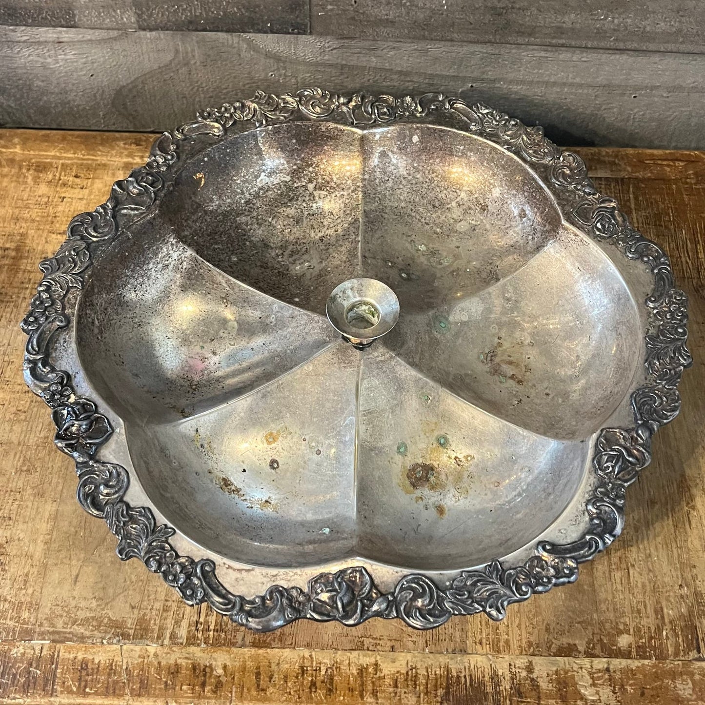 Vintage Silverplated Scallop Rim Large Lazy Susan Bowl with Candlestick Holder Center