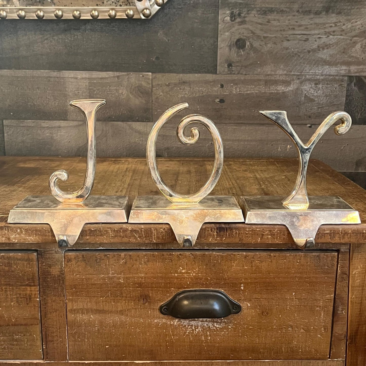 Vintage Pottery Barn JOY Silver Tone Stocking Holders