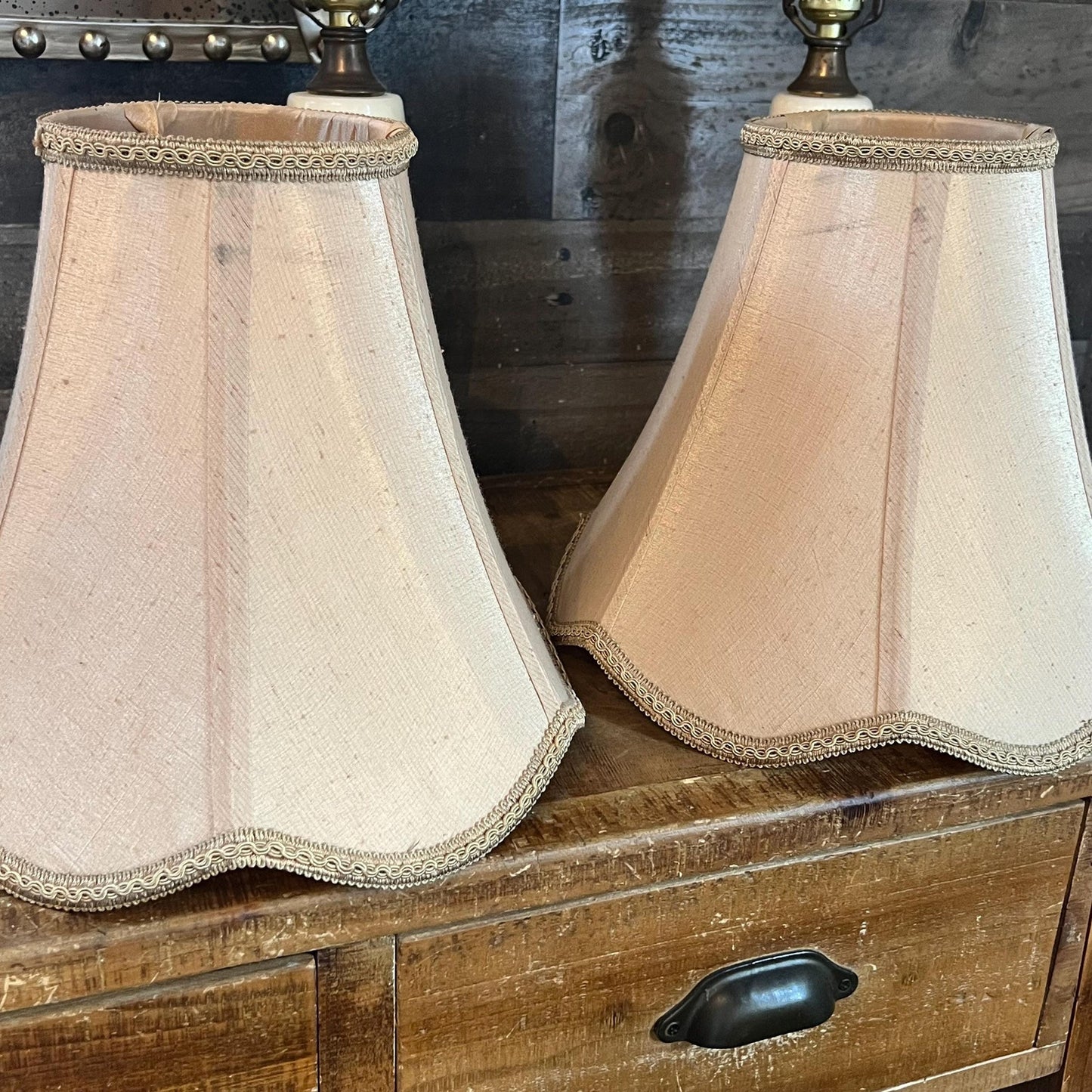Vintage Pair of Creamy White Lamps with Orange/Pink Stripes and Brass/Metal Accents