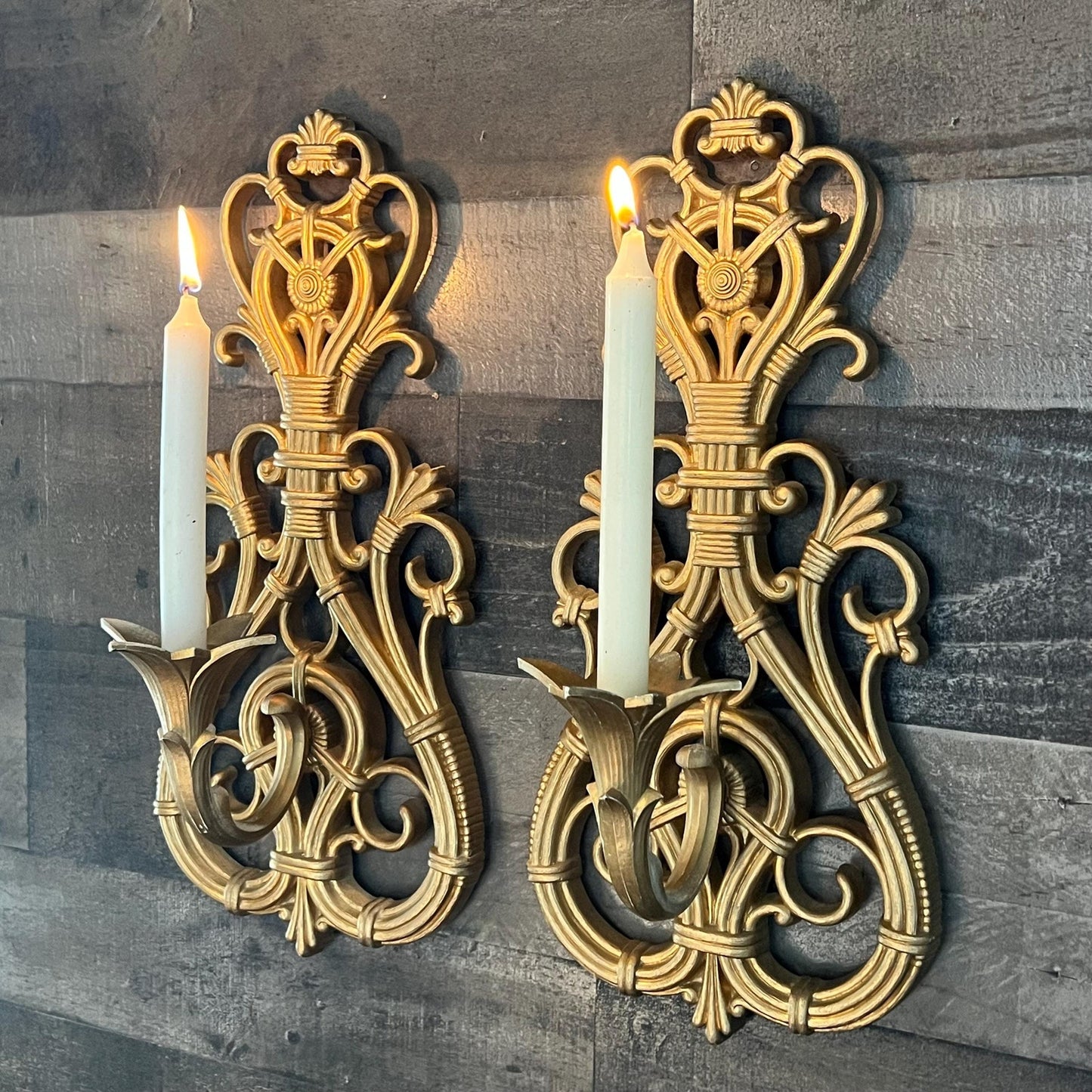 Vintage Pair of Gold Tone Dart Industries Candlestick Holder Wall Sconces