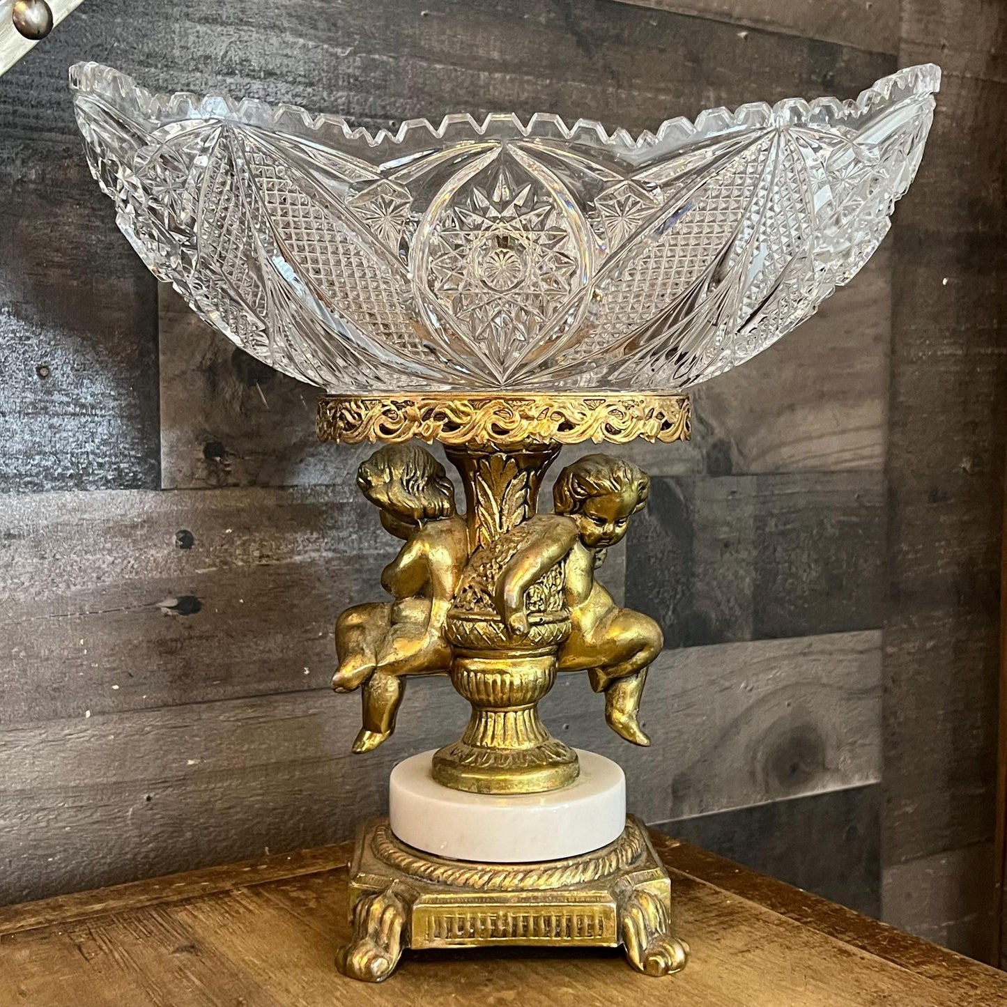 Vintage Thick Cut Crystal Oval Bowl with Gold Tone Brass Cherub Angel Pedestal and Marble Footed Base