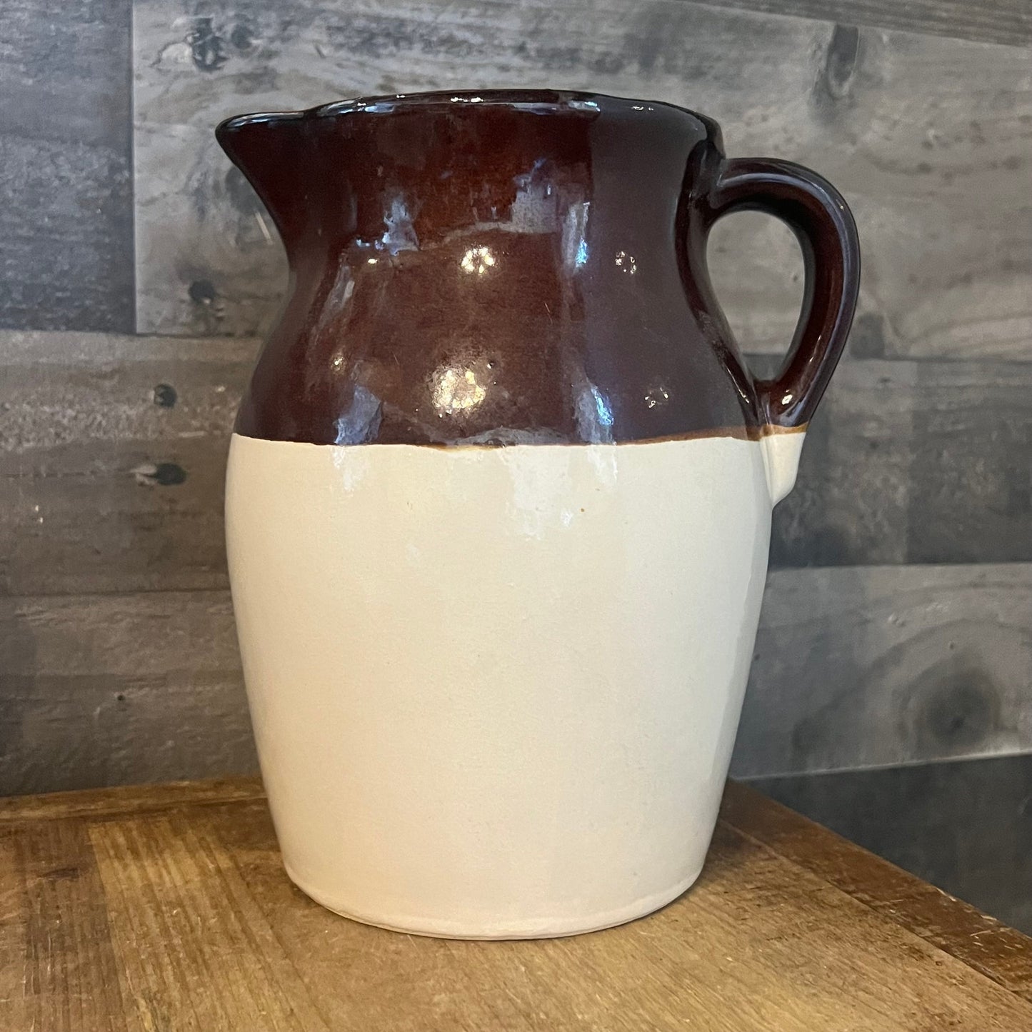 Vintage Rustic Stoneware Handled Brown and Beige Pitcher Jug