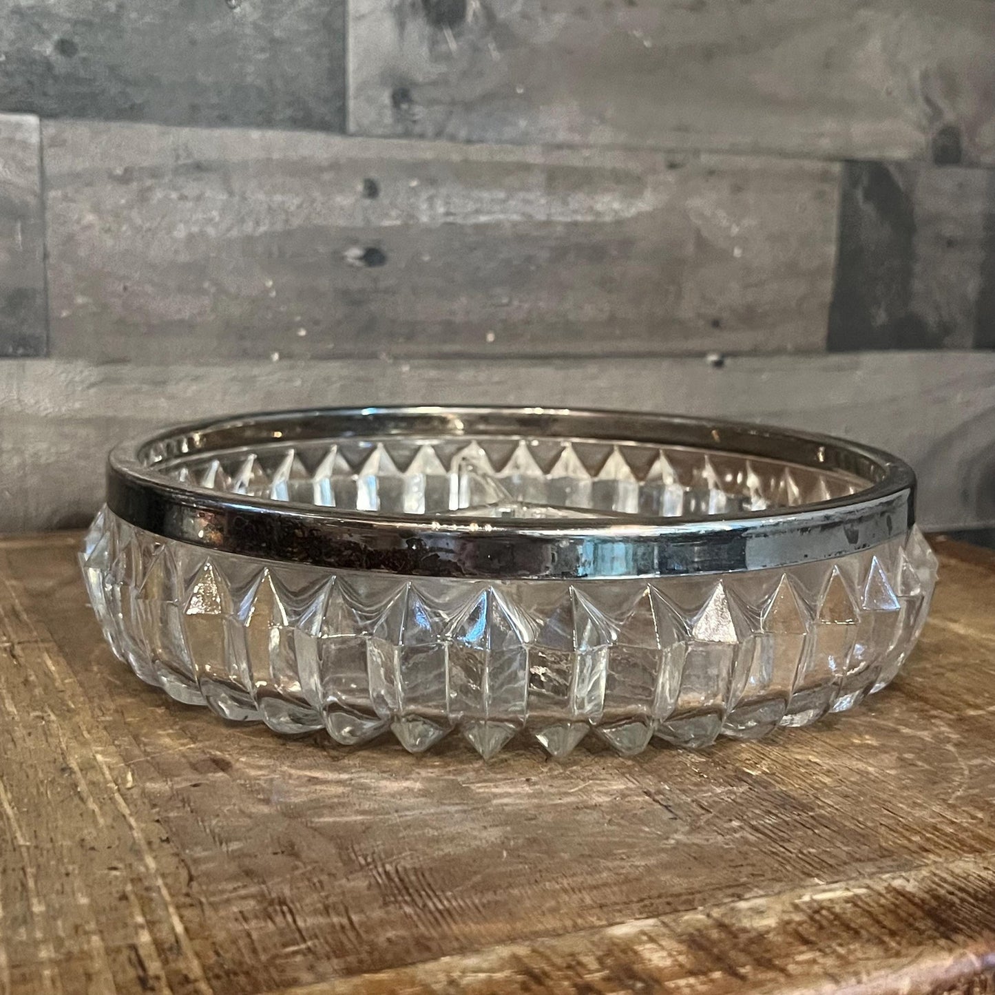 Vintage Crystal 3 Compartment Bowl with Silverplated Rim - Jewelry Dish - Candy Dish - Nut Dish - Berry Server