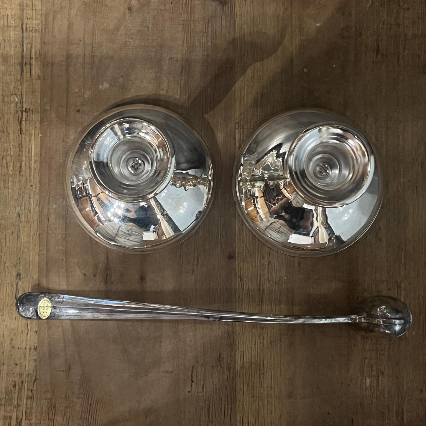 Vintage Pair of Silverplated Candlestick Holders and Long Handled Candle Snuffer