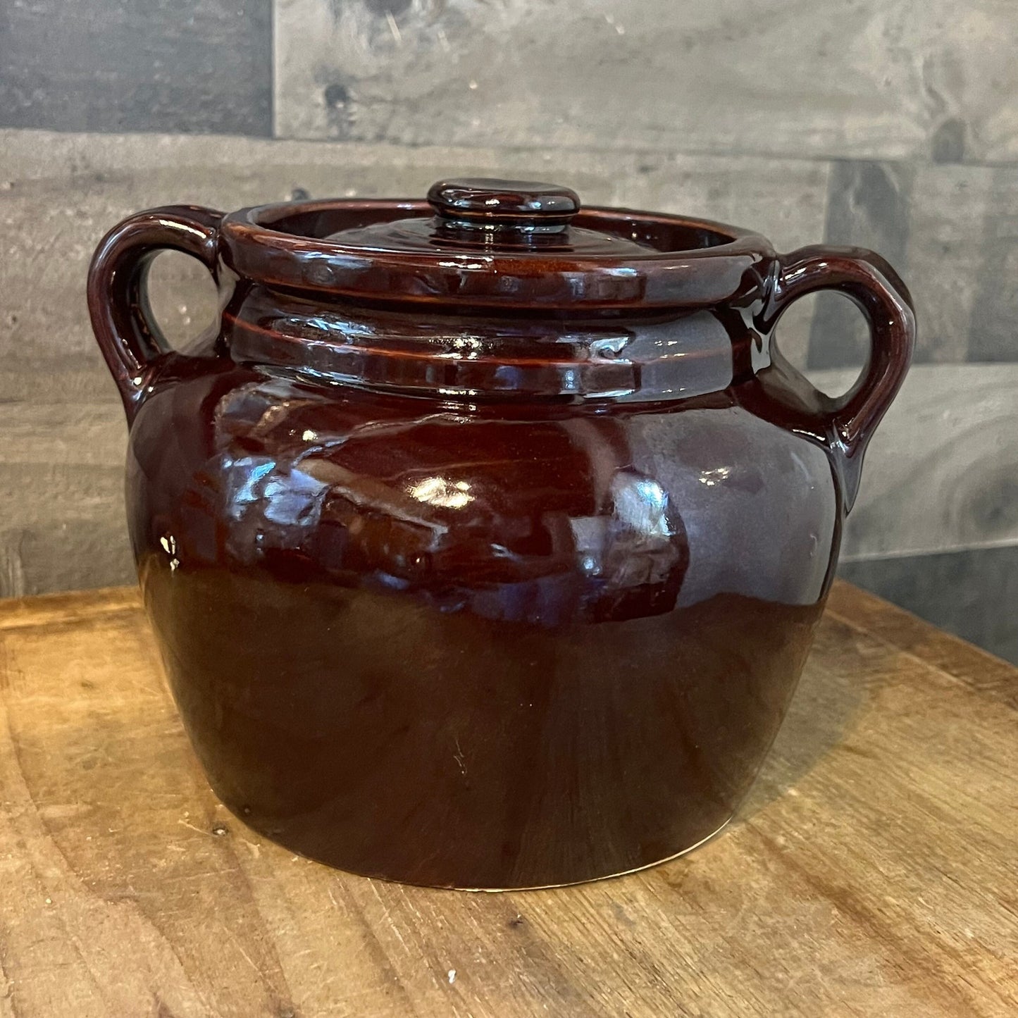 Vintage Brown Glaze USA Pottery Double Handle Lidded Crock - Bean Pot - Cookie Jar