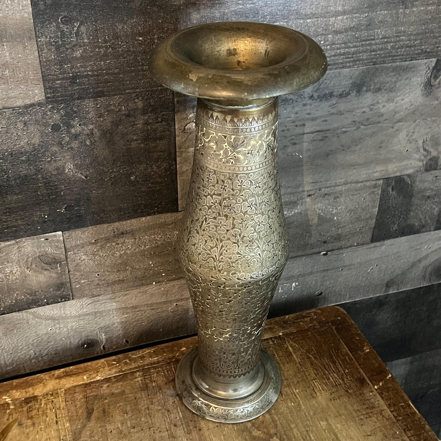 Tall Vintage Etched Brass Vase