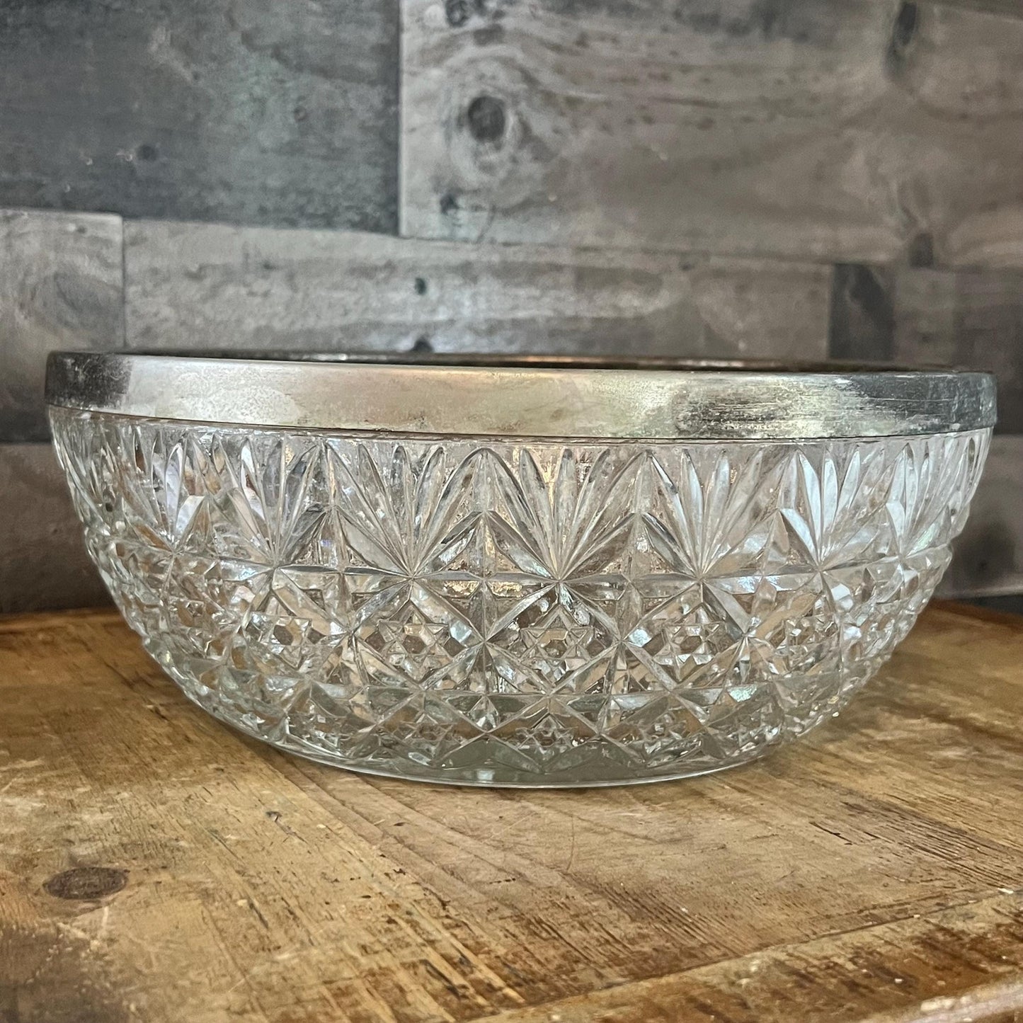 Large Crystal Bowl with Silverplated Rim