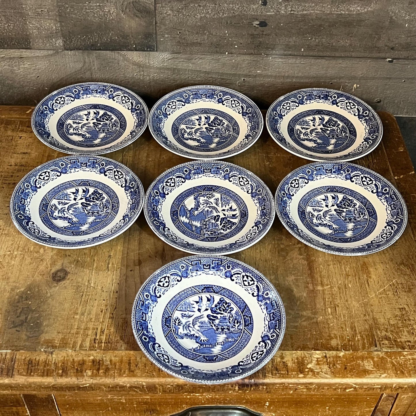 Old Willow English Ironstone by Washington Pottery Straffordshire England Blue and White Small Plates - Set of 7