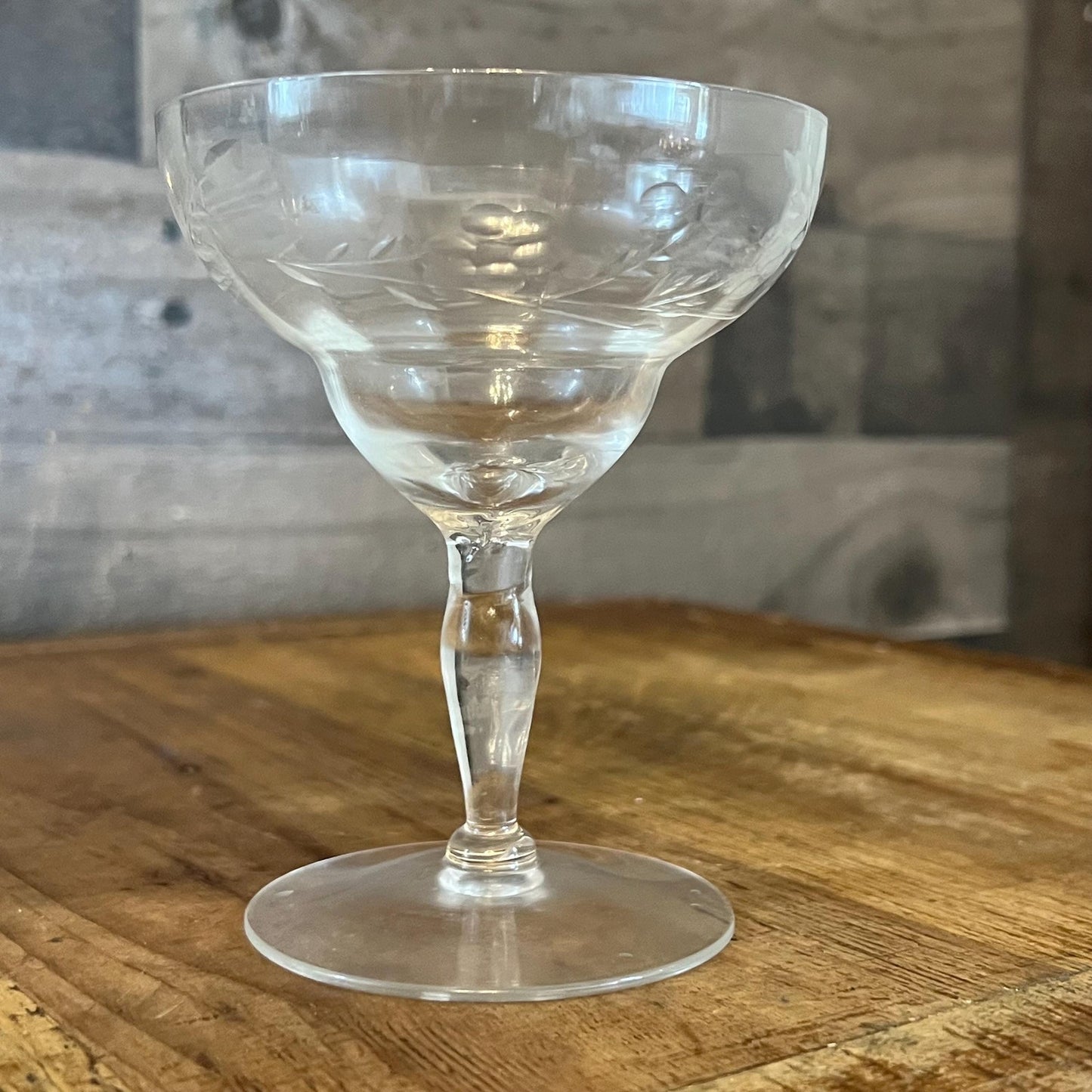 Vintage Set of 4 Crystal Floral and Leaf Etched Champagne Coupes - Cocktail Coupes