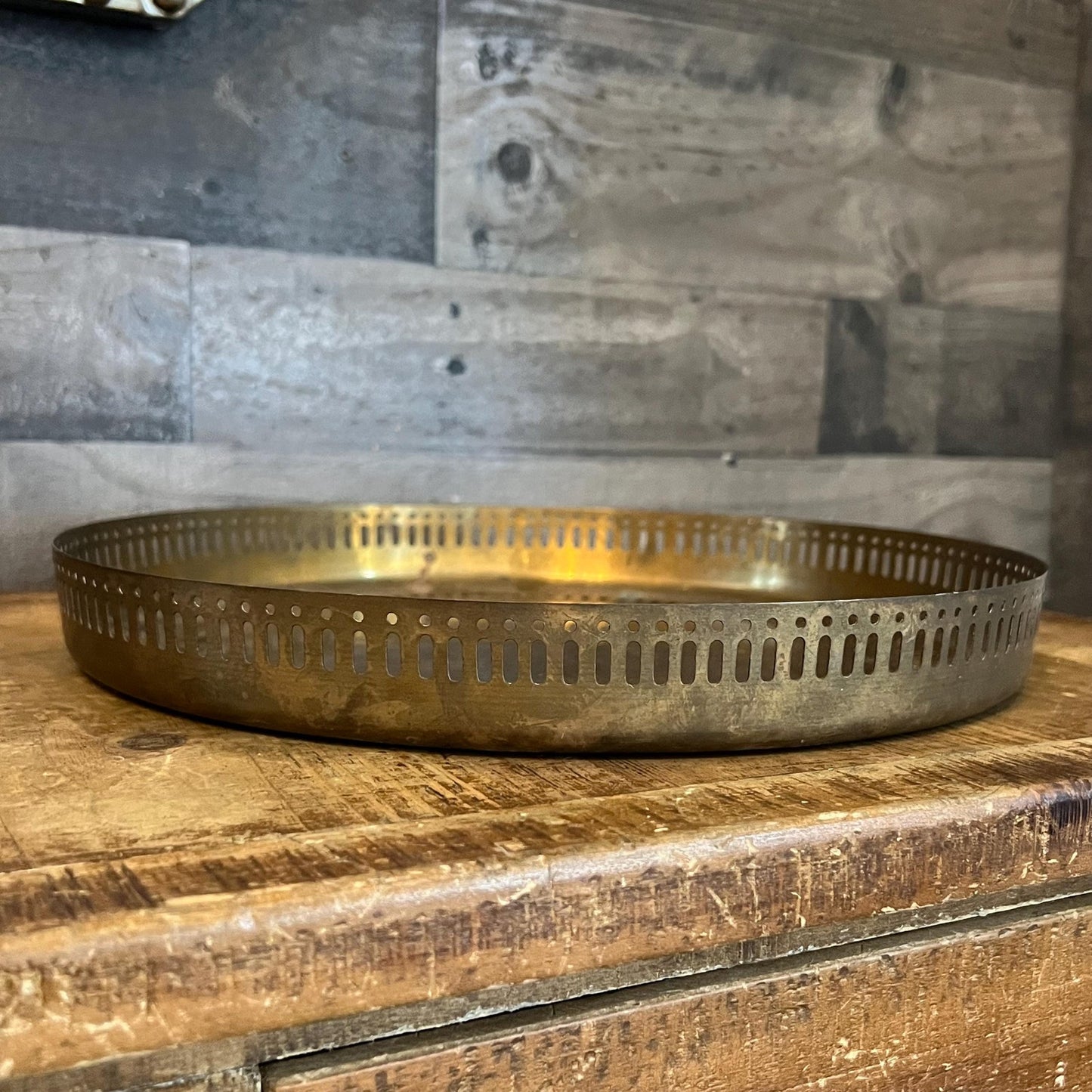 Vintage Brass Round Tray with Reticulated Edge