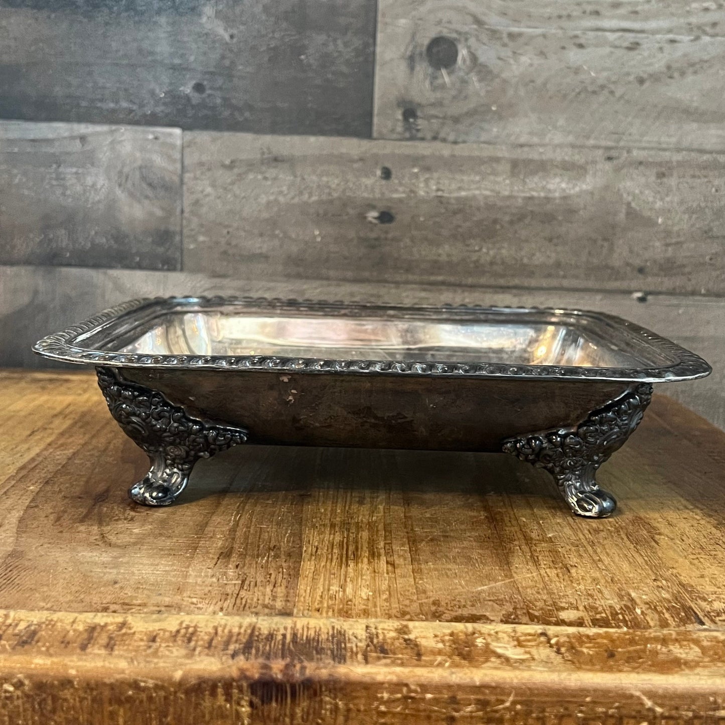 Vintage Bernard Rices Sons Apollo EPC Copper Mounts 8132 Footed Rectangular Braided Rim Silverplated Dish