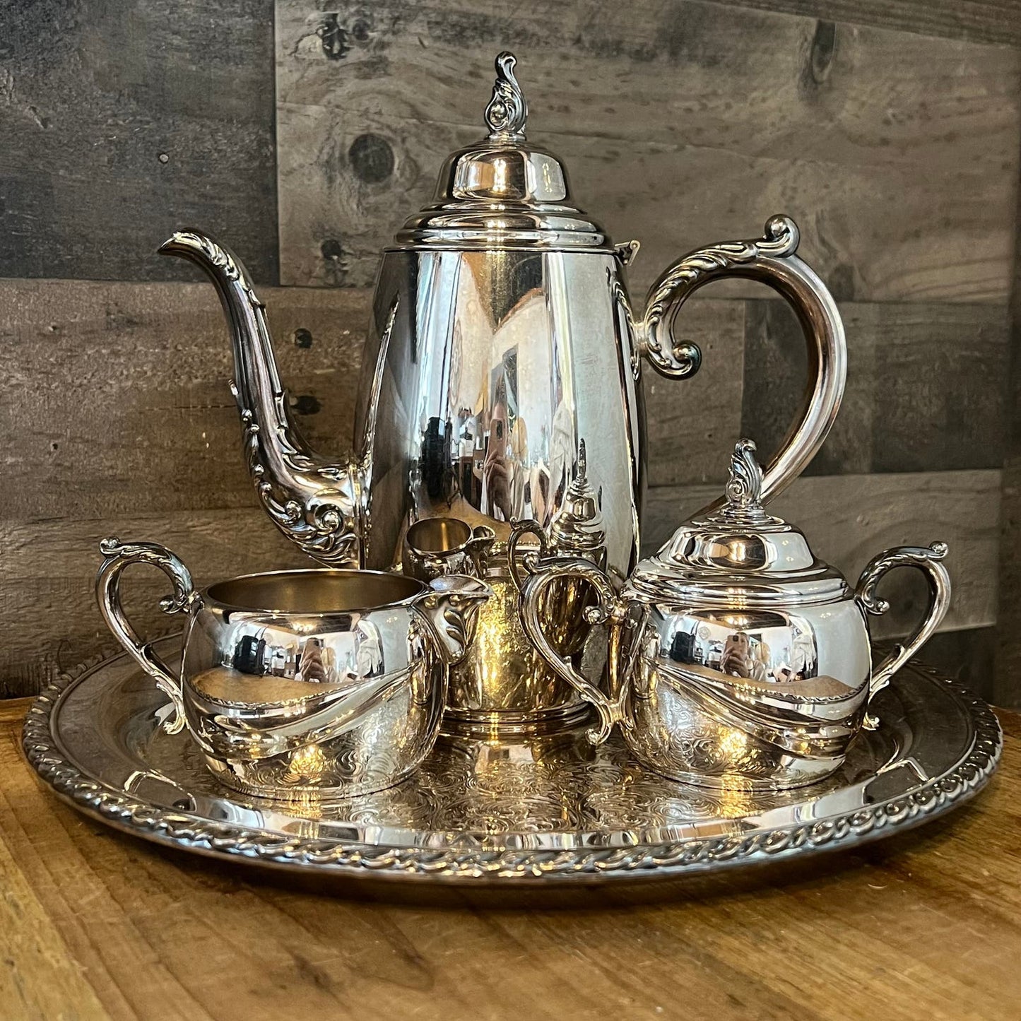 Vintage WM Rogers Silverplated Tea Set - Round Serving Tray, Teapot, Creamer Pour and Sugar Dish