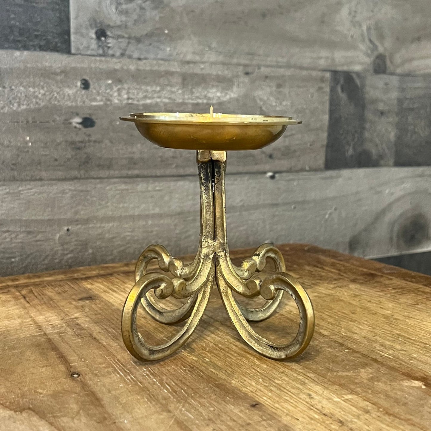 Vintage Brass Scroll Foot Pillar Candle Holder