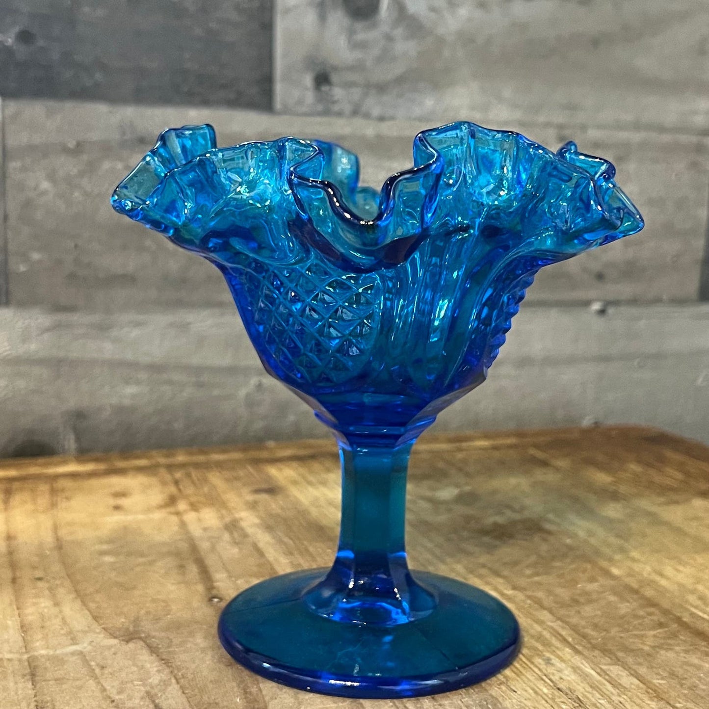Vintage Fenton Blue Colonial Pineapple Pattern Ruffled Edge Rim Compote Long Stem Candy Dish