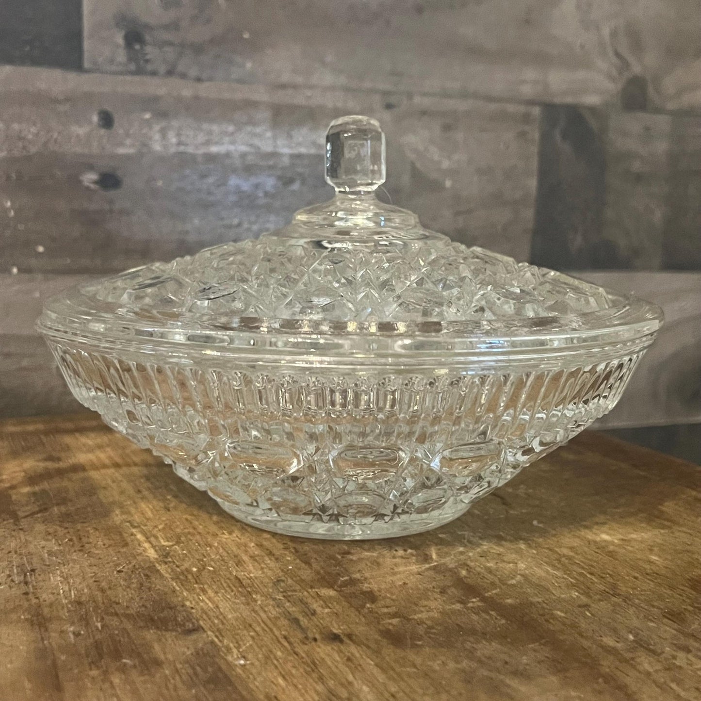 Vintage Federal Glass Clear Windsor Button and Cane Pattern Lidded Candy Dish