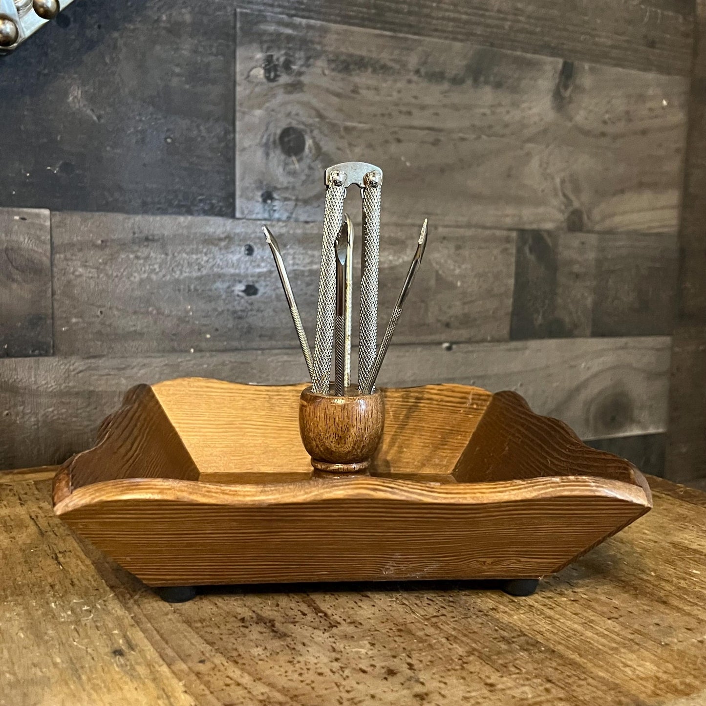 Vintage Wooden Nut Bowl with Nut Cracker and Nut Picks