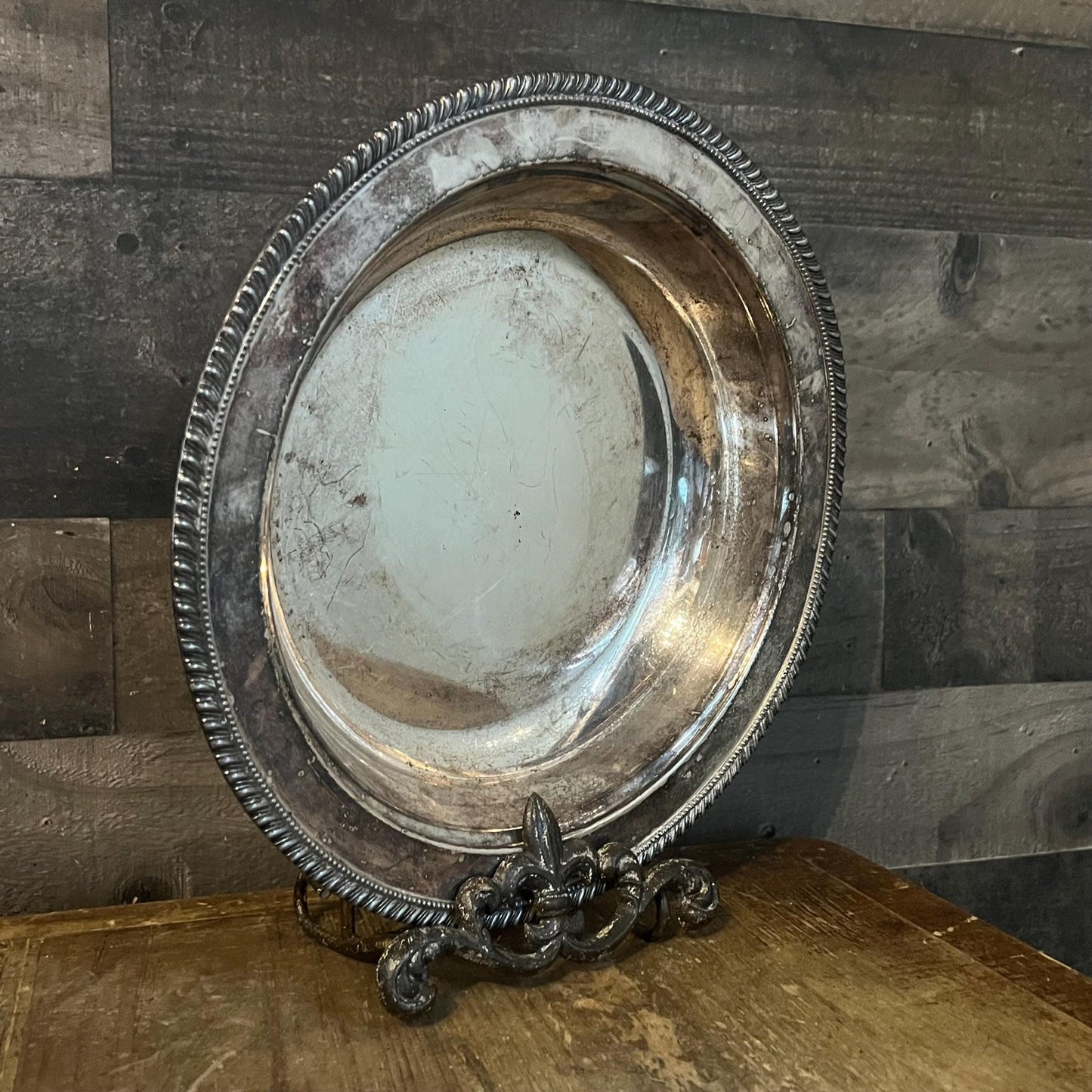 Vintage Silverplated Round Shallow Bowl with Braided Rim Accent