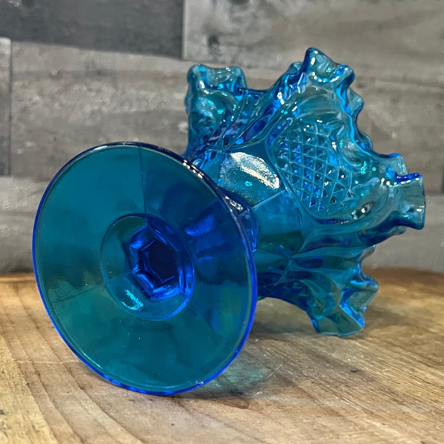 Vintage Fenton Blue Colonial Pineapple Pattern Ruffled Edge Rim Compote Long Stem Candy Dish