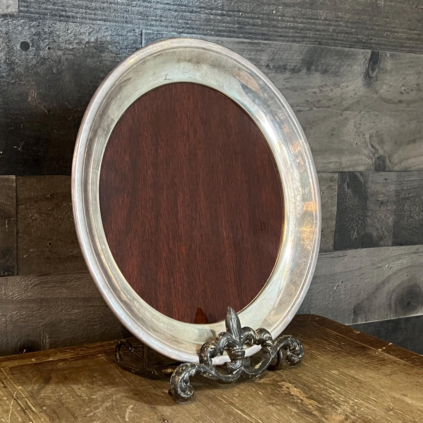 Vintage F B Rogers Silver Co Silverplated and Wood Grain Round Tray