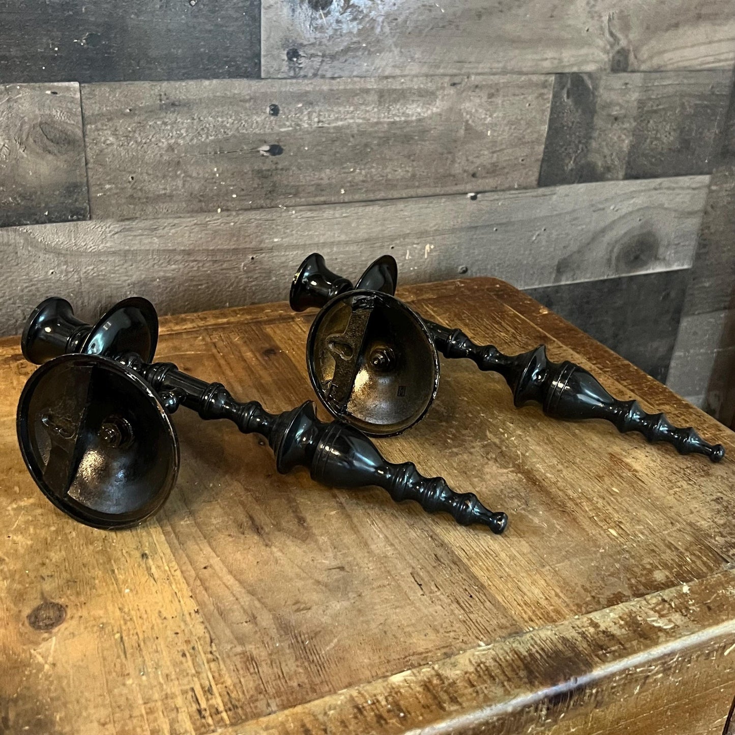 Vintage Black Painted Brass Candlestick Holder Wall Sconces - Pair