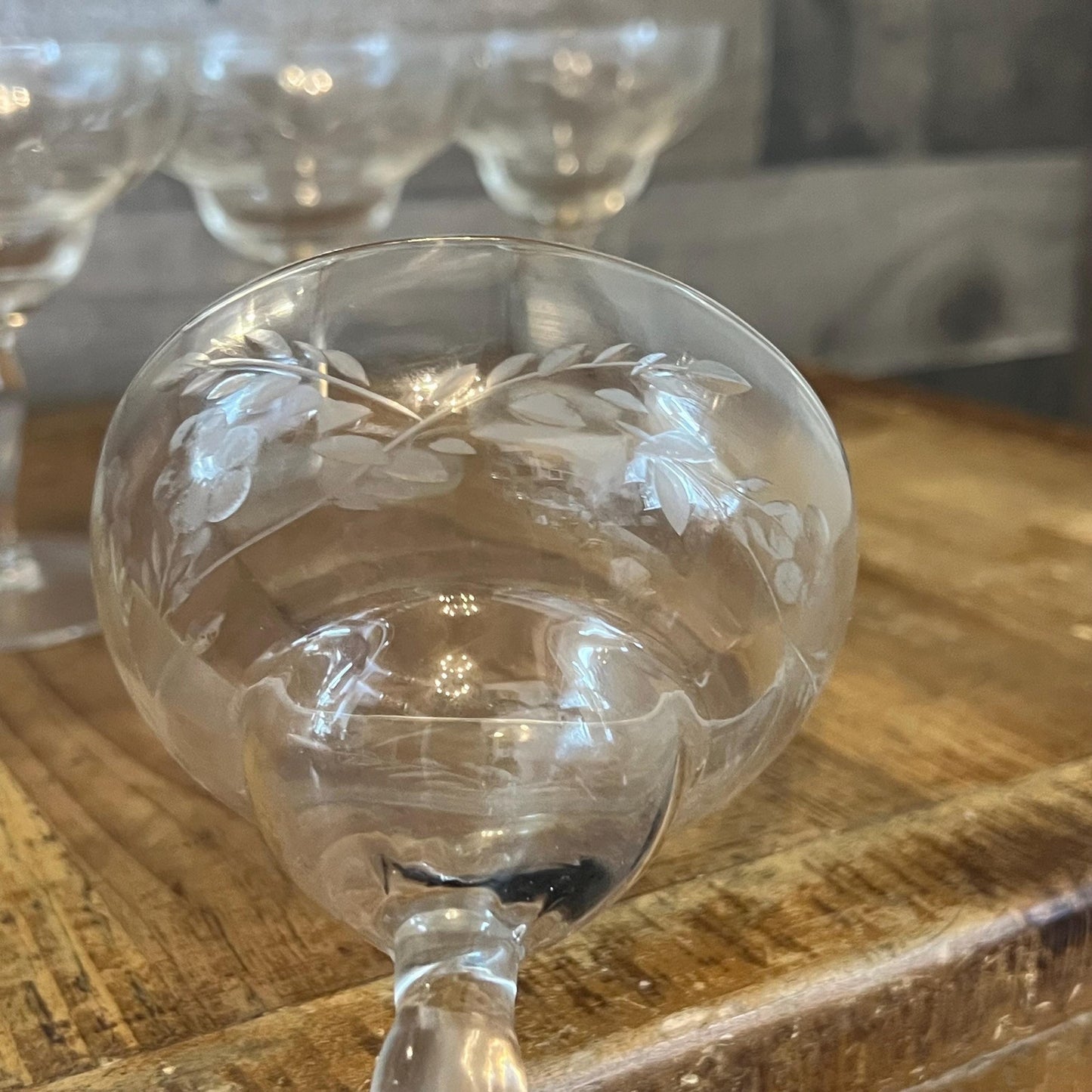 Vintage Set of 4 Crystal Floral and Leaf Etched Champagne Coupes - Cocktail Coupes