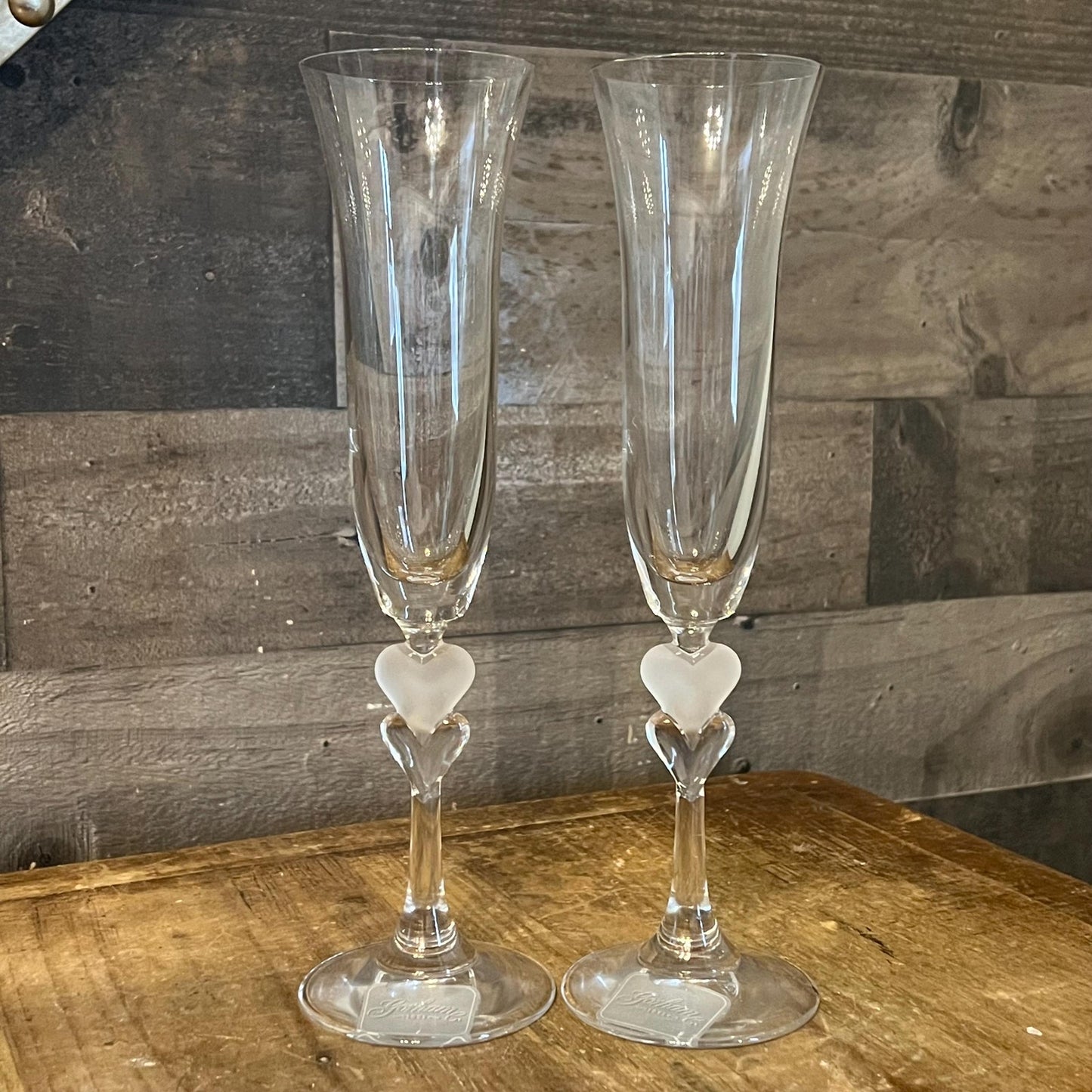 Gorham Crystal Heart Stem Amore Toasting Champagne Flutes - Pair