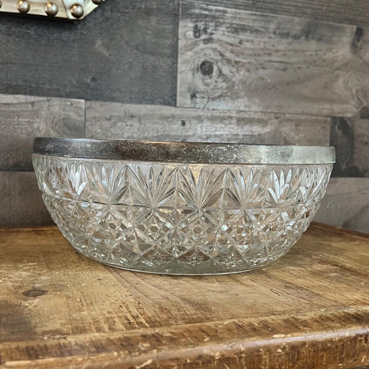 Large Crystal Bowl with Silverplated Rim