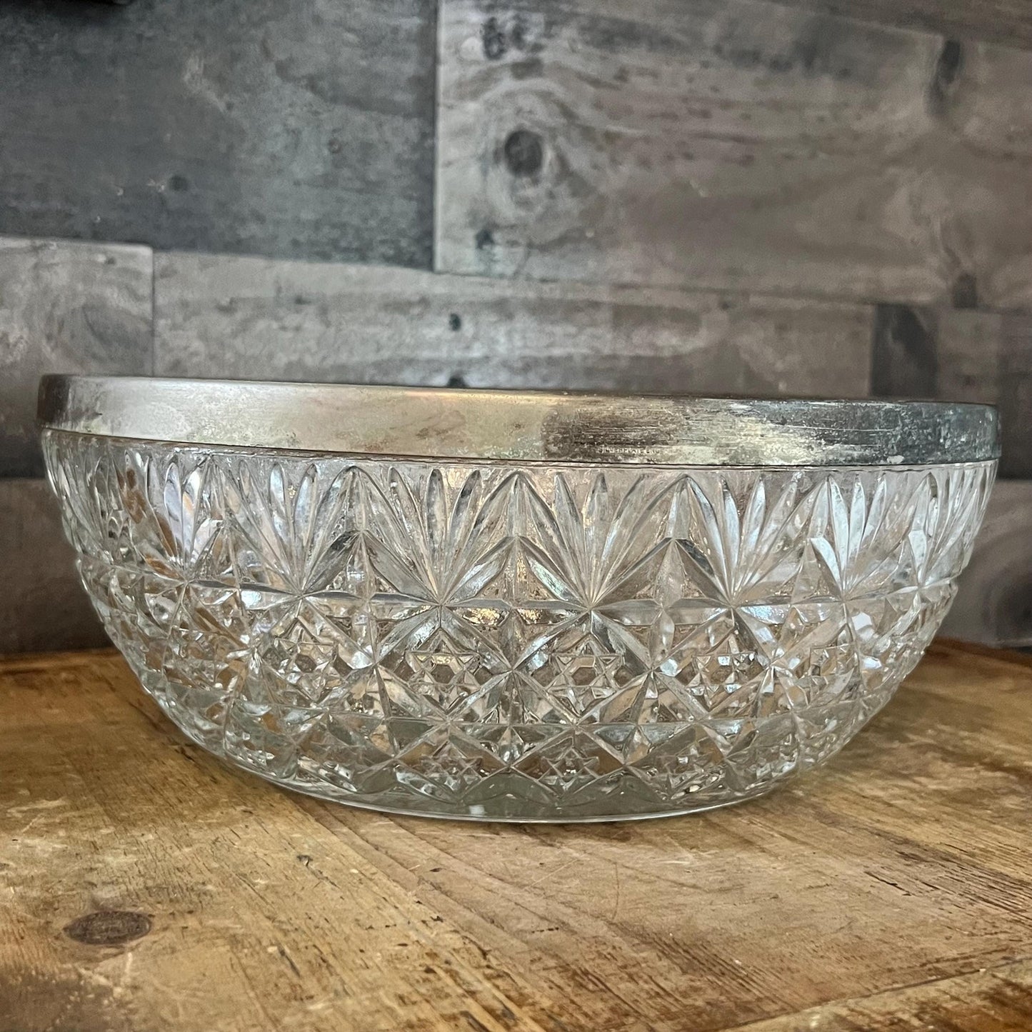 Large Crystal Bowl with Silverplated Rim