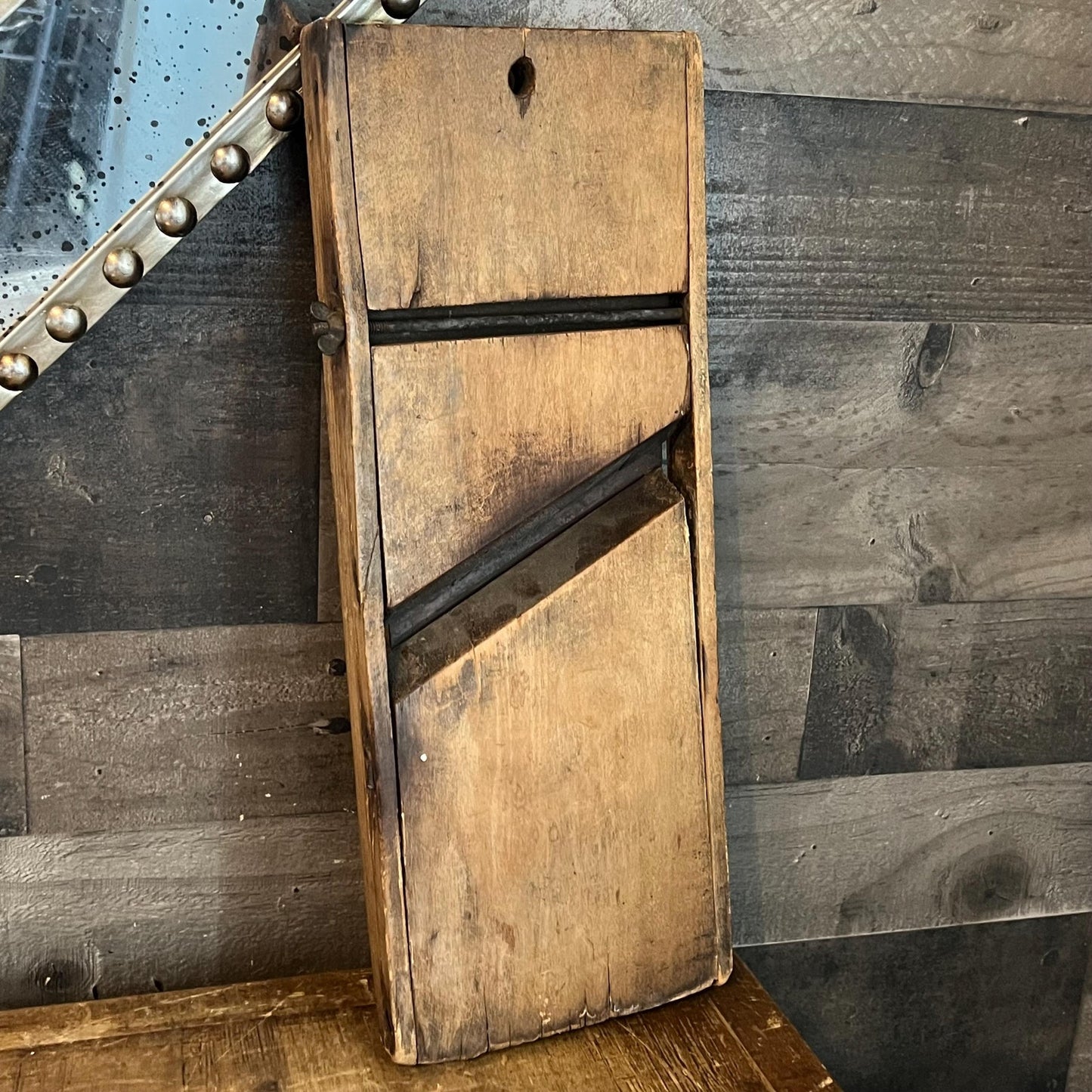 Antique Rustic Wooden and Metal Rectangular Slicer - Primitive Kitchen - Cabbage Cutter