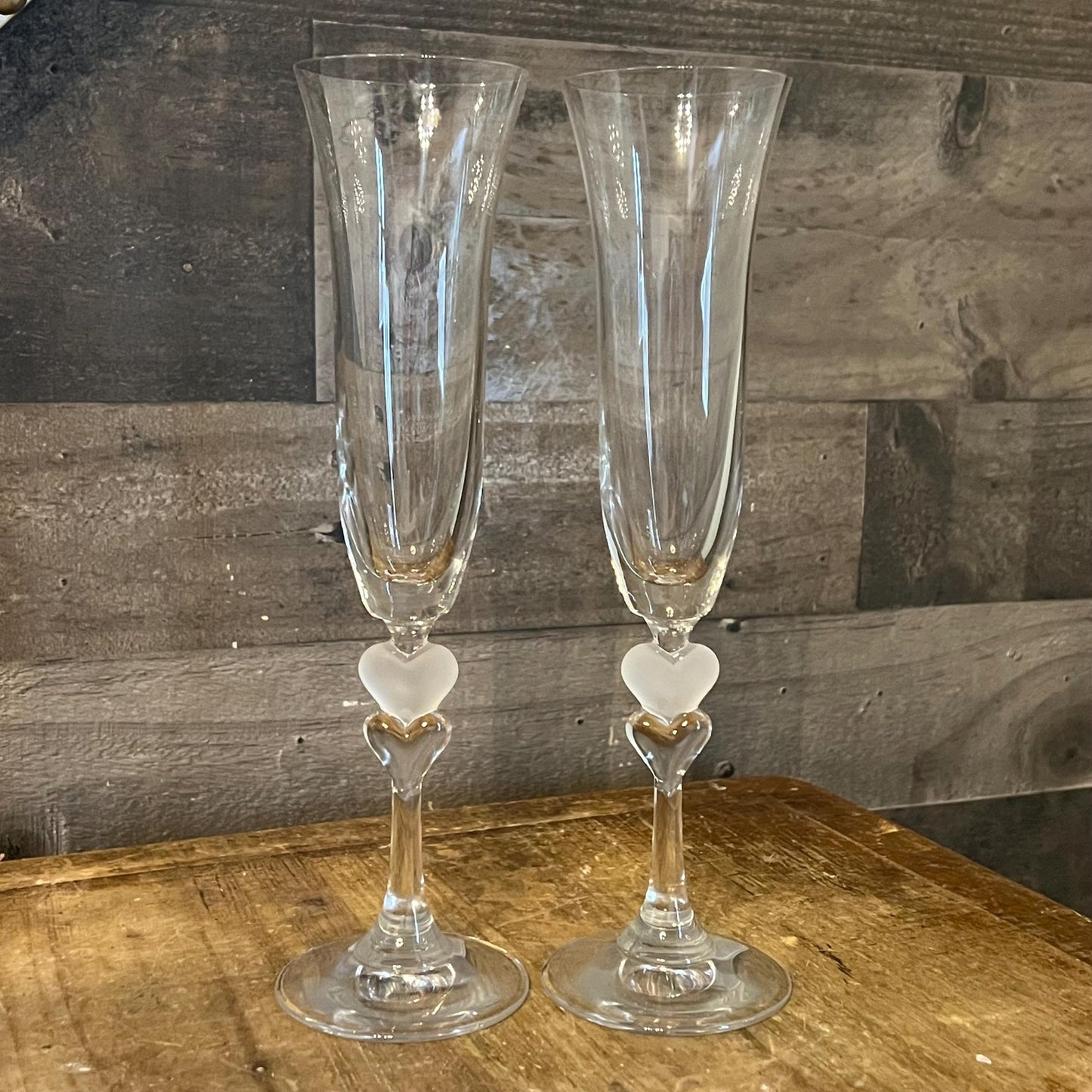 Gorham Crystal Heart Stem Amore Toasting Champagne Flutes - Pair