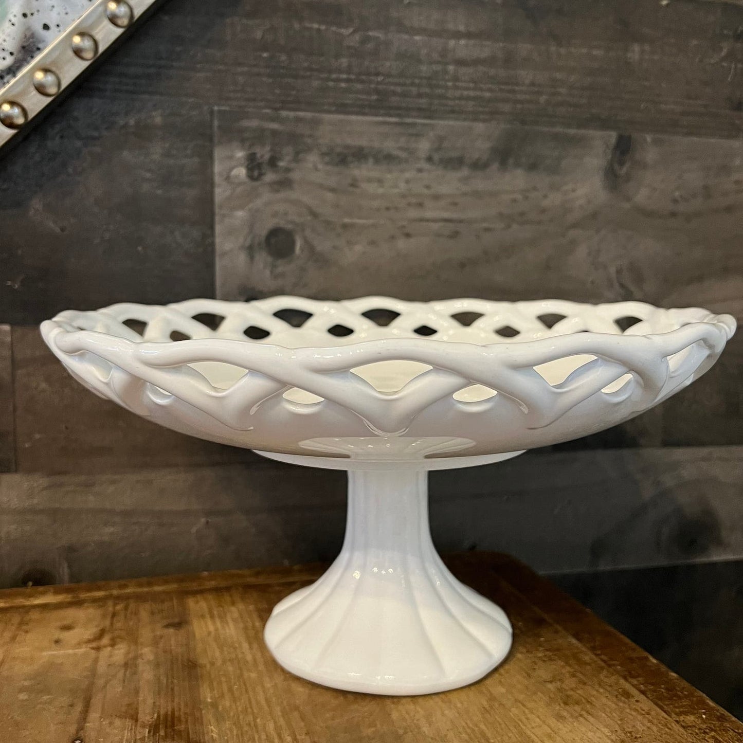 Vintage Milk Glass Pitman Dreitzer White Lattice Footed Pedestal Compote Dessert Stand - Fruit Bowl - Appetizer Server