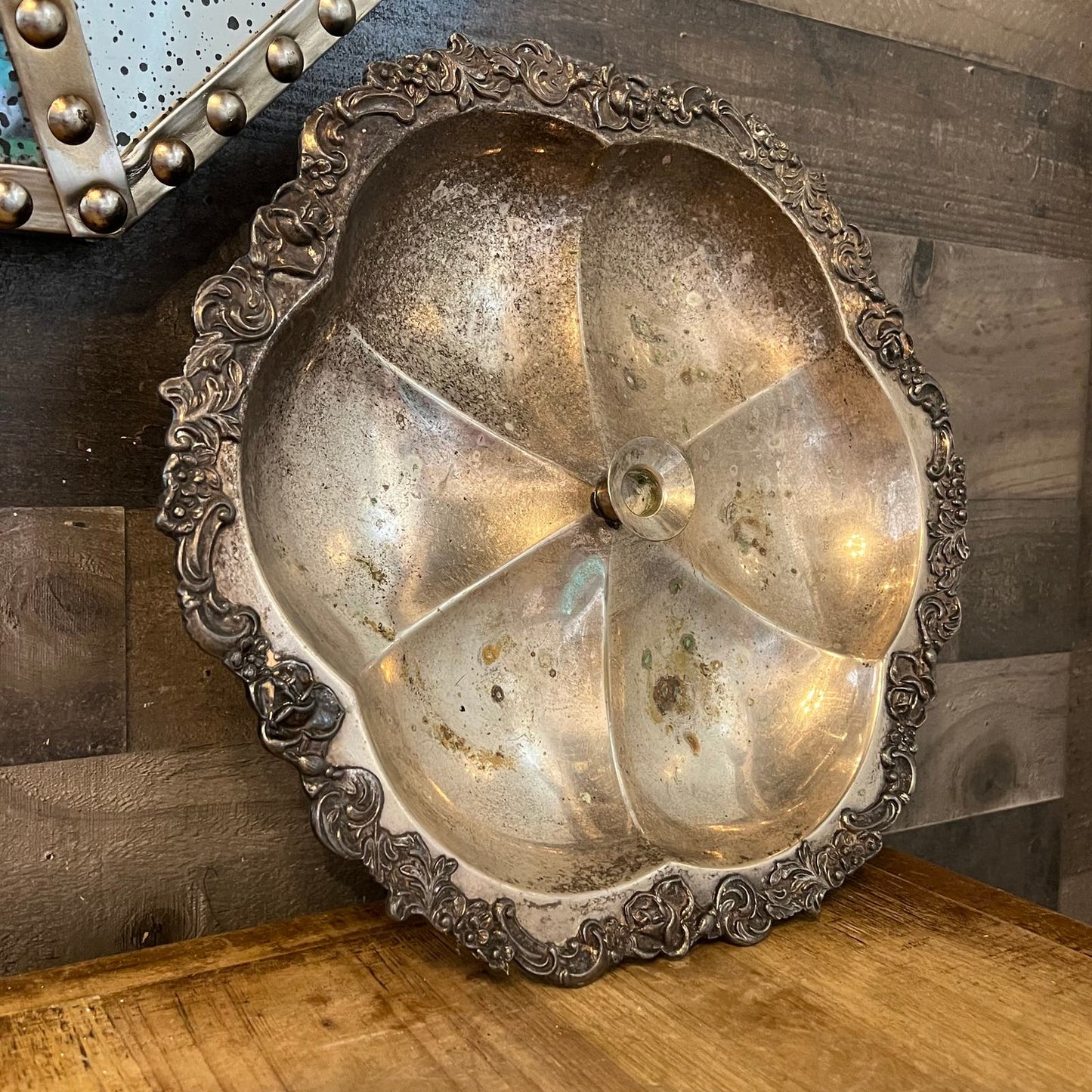 Vintage Silverplated Scallop Rim Large Lazy Susan Bowl with Candlestick Holder Center