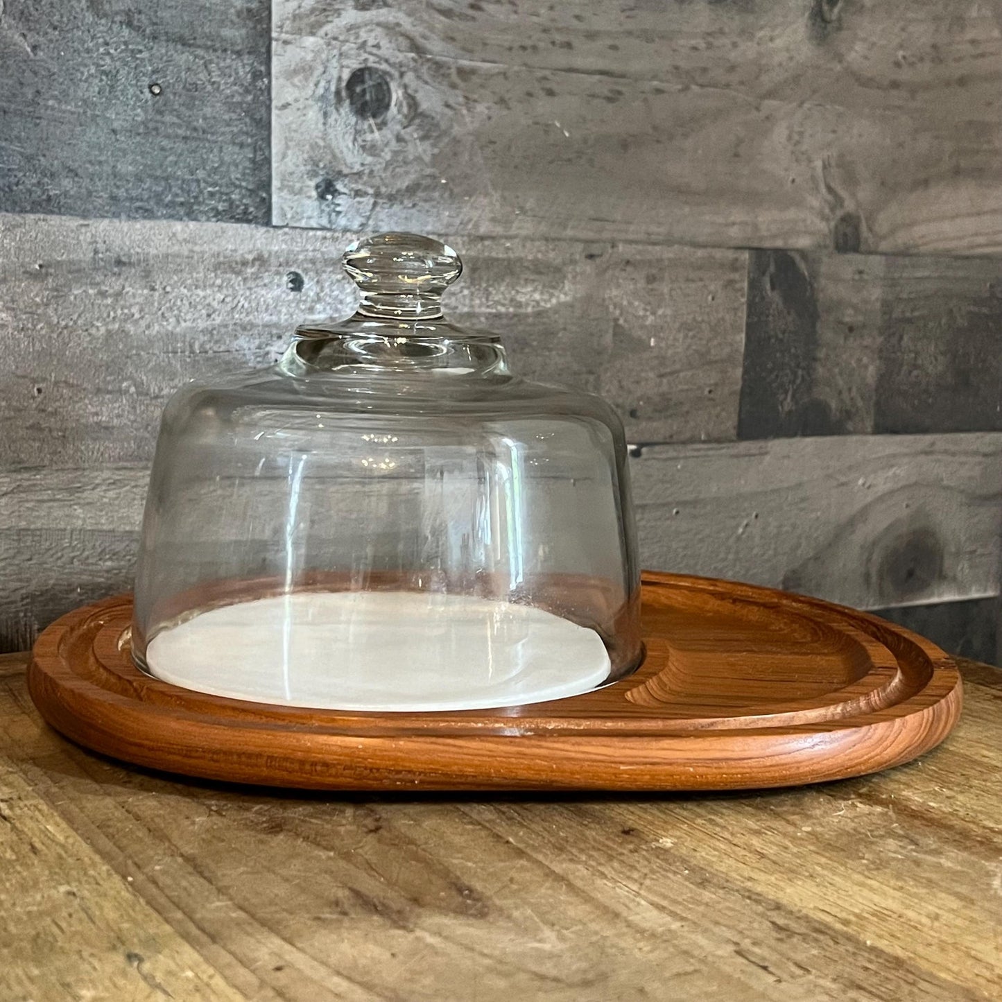 Vintage Wooden Cheese Board with Round Marble and Glass Dome - Dolphin Teakwood