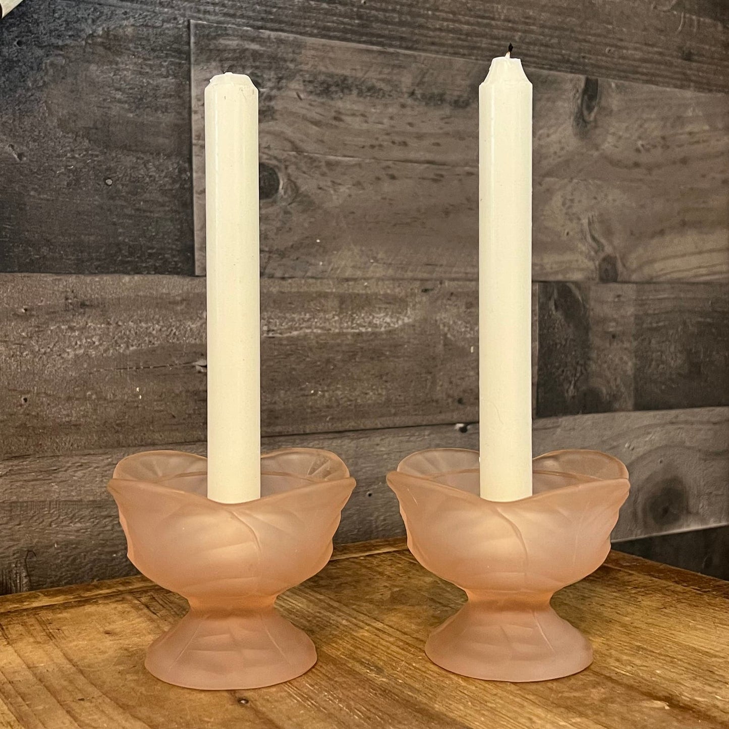 Vintage Viking Glass Pink Frosted Satin Flower Candlestick Holders - Pair