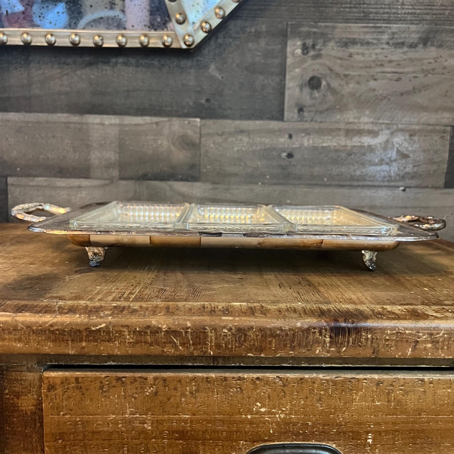 Vintage Leonard Silverplated Handled Rectangular Footed Serving Tray with 3 Crystal Rectangular Trays