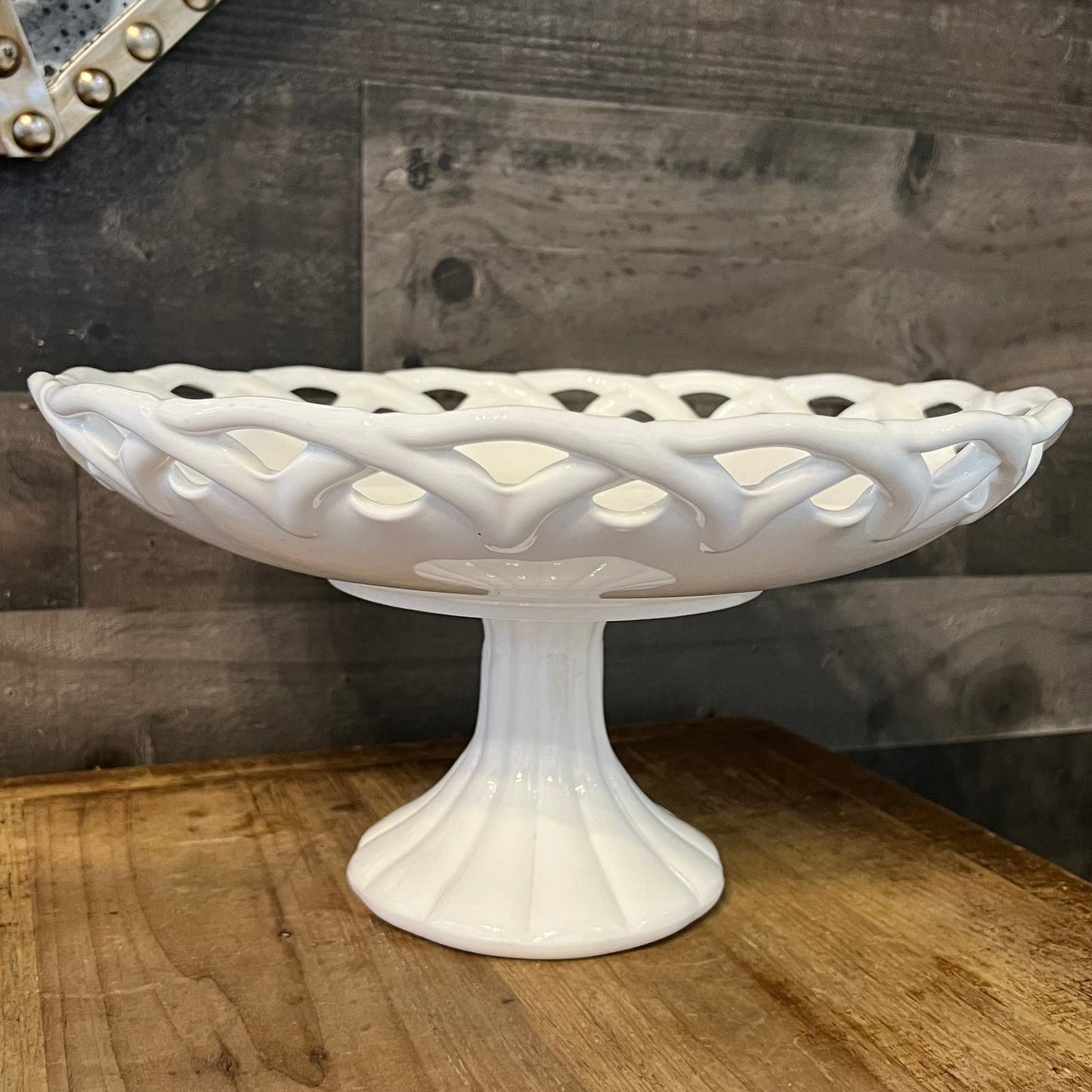 Vintage Milk Glass Pitman Dreitzer White Lattice Footed Pedestal Compote Dessert Stand - Fruit Bowl - Appetizer Server